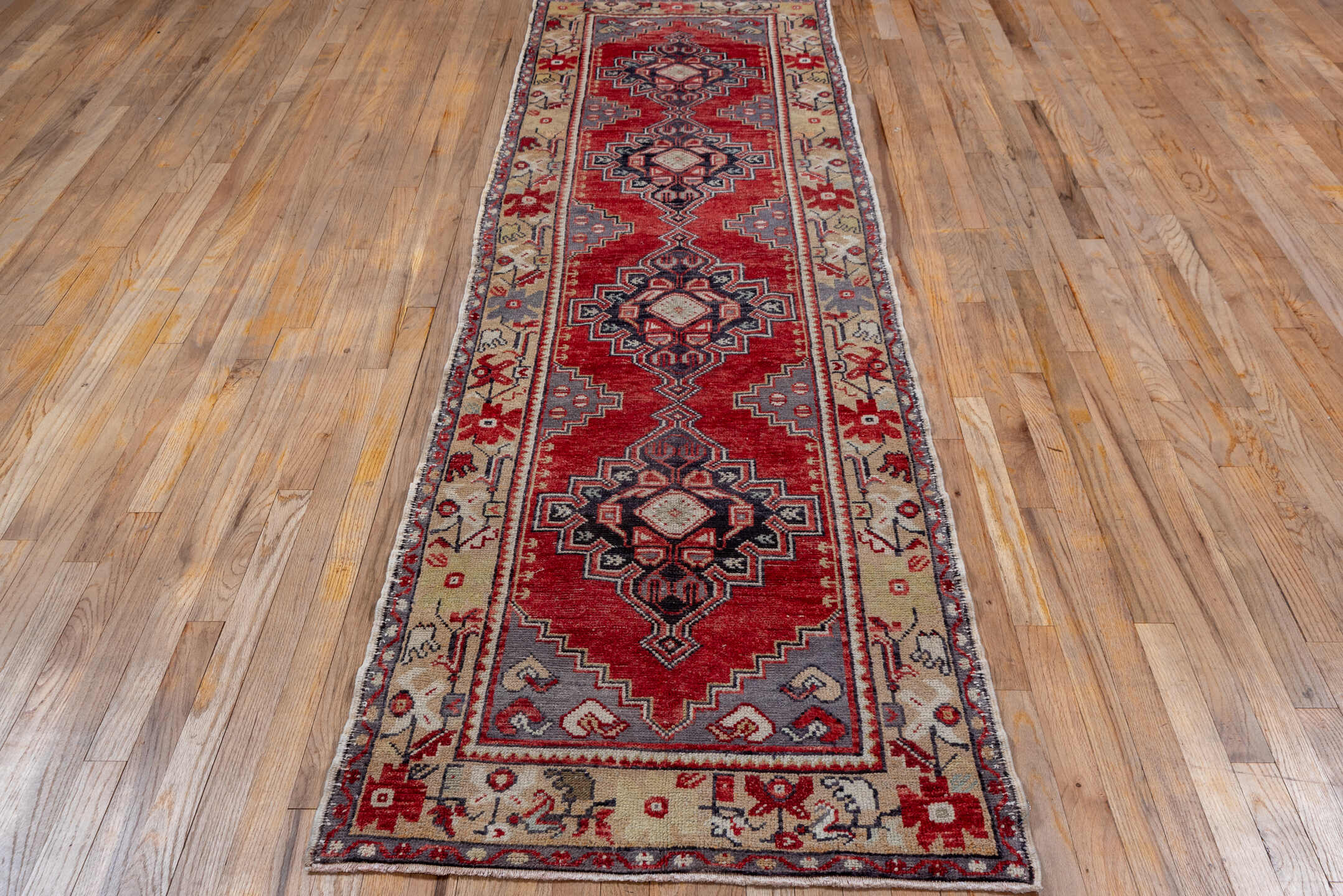 2' x 10' one-of-a-kind handmade vintage Oushak runner rug. Color palette: brown, dark gray, gray, light gray, off-white