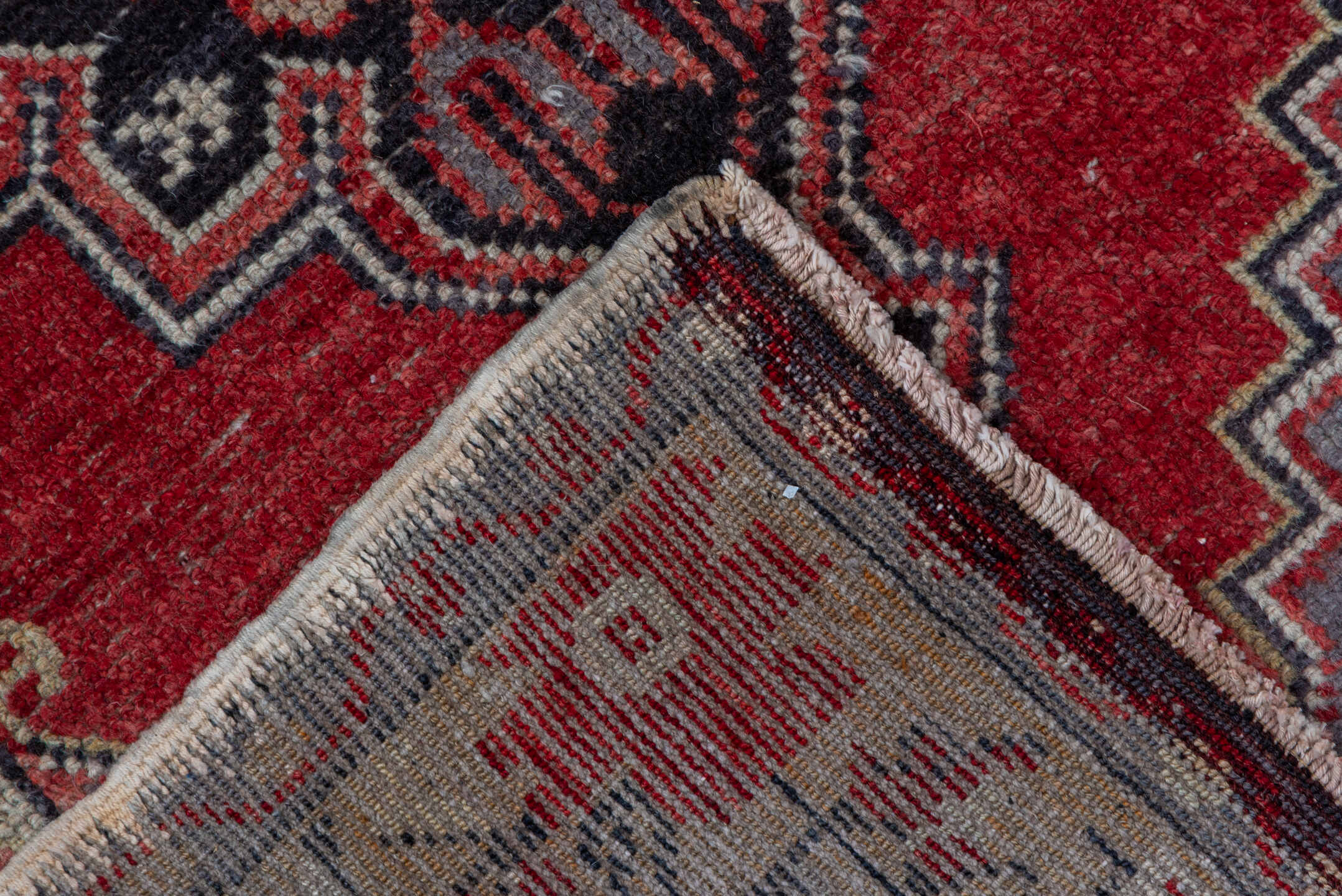 2' x 10' one-of-a-kind handmade vintage Oushak runner rug. Color palette: brown, dark gray, gray, light gray, off-white