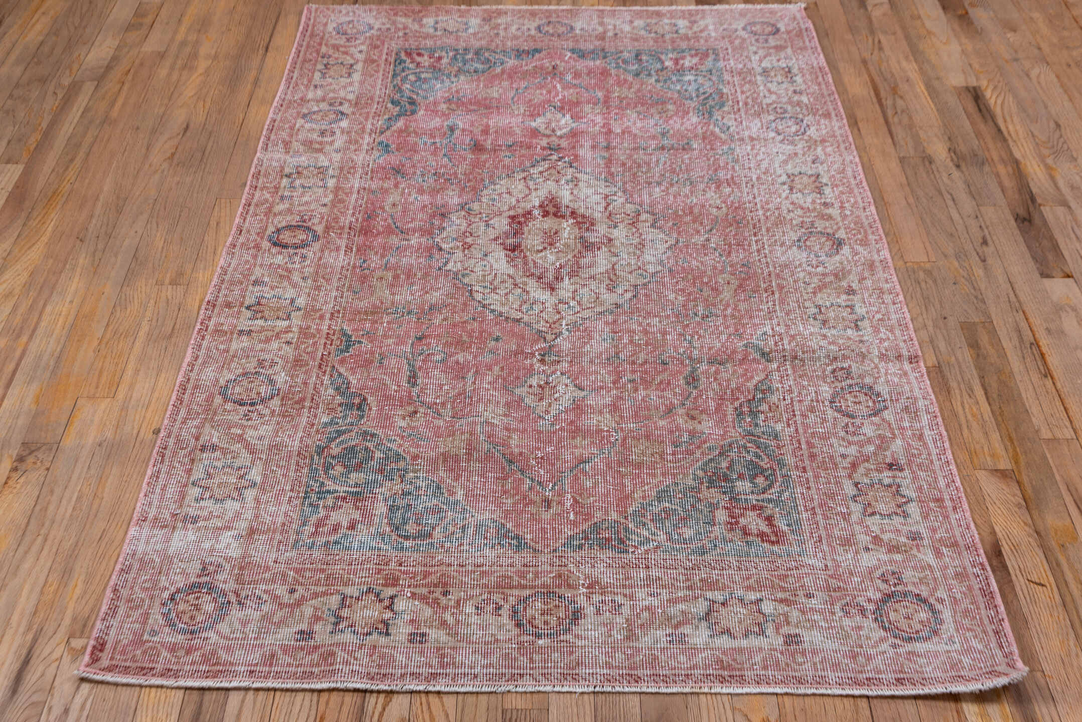 4' x 6' one-of-a-kind handmade vintage Oushak small size rug. Color palette: rose, ivory, dusty blue, blush, gold, taupe