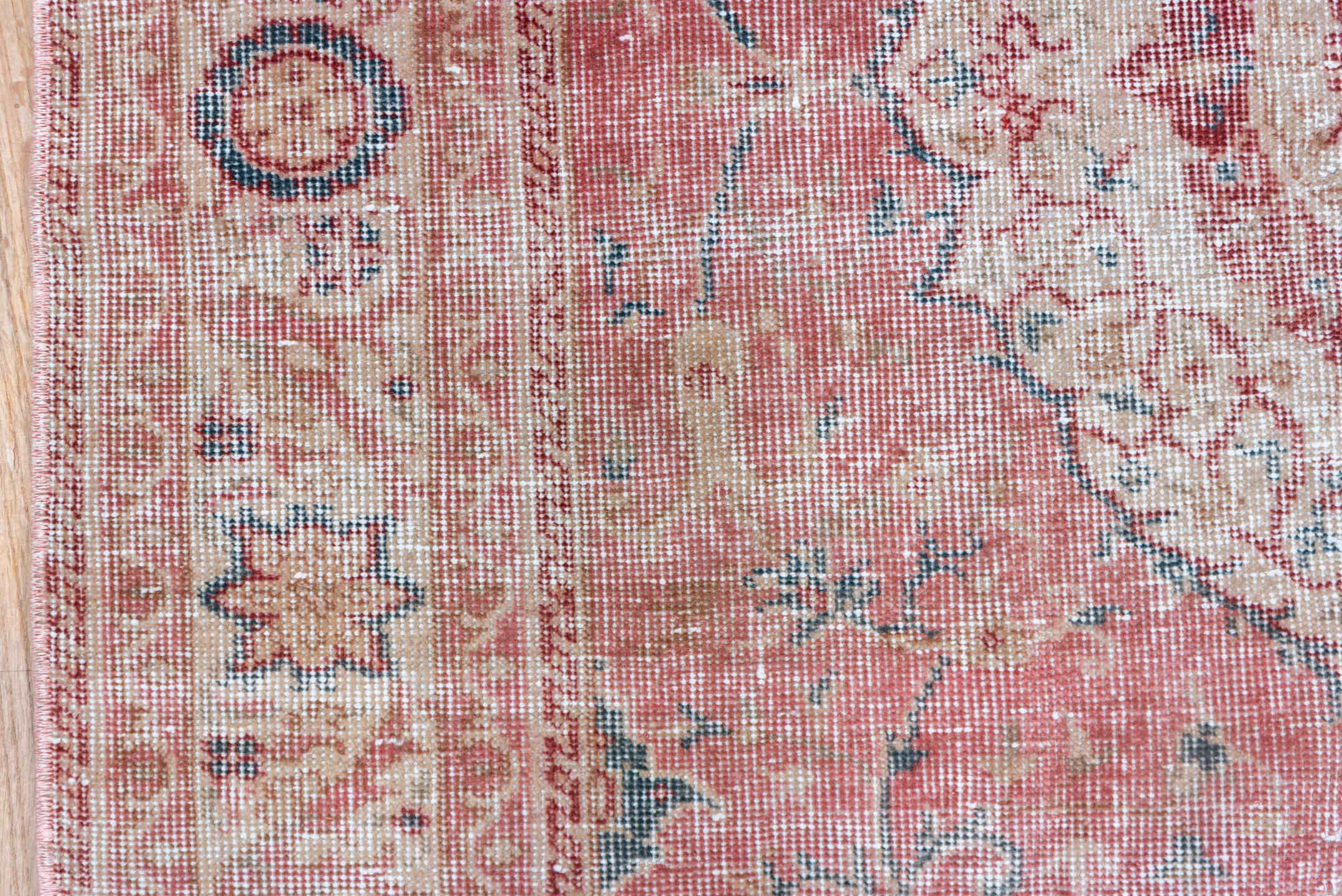 4' x 6' one-of-a-kind handmade vintage Oushak small size rug. Color palette: rose, ivory, dusty blue, blush, gold, taupe