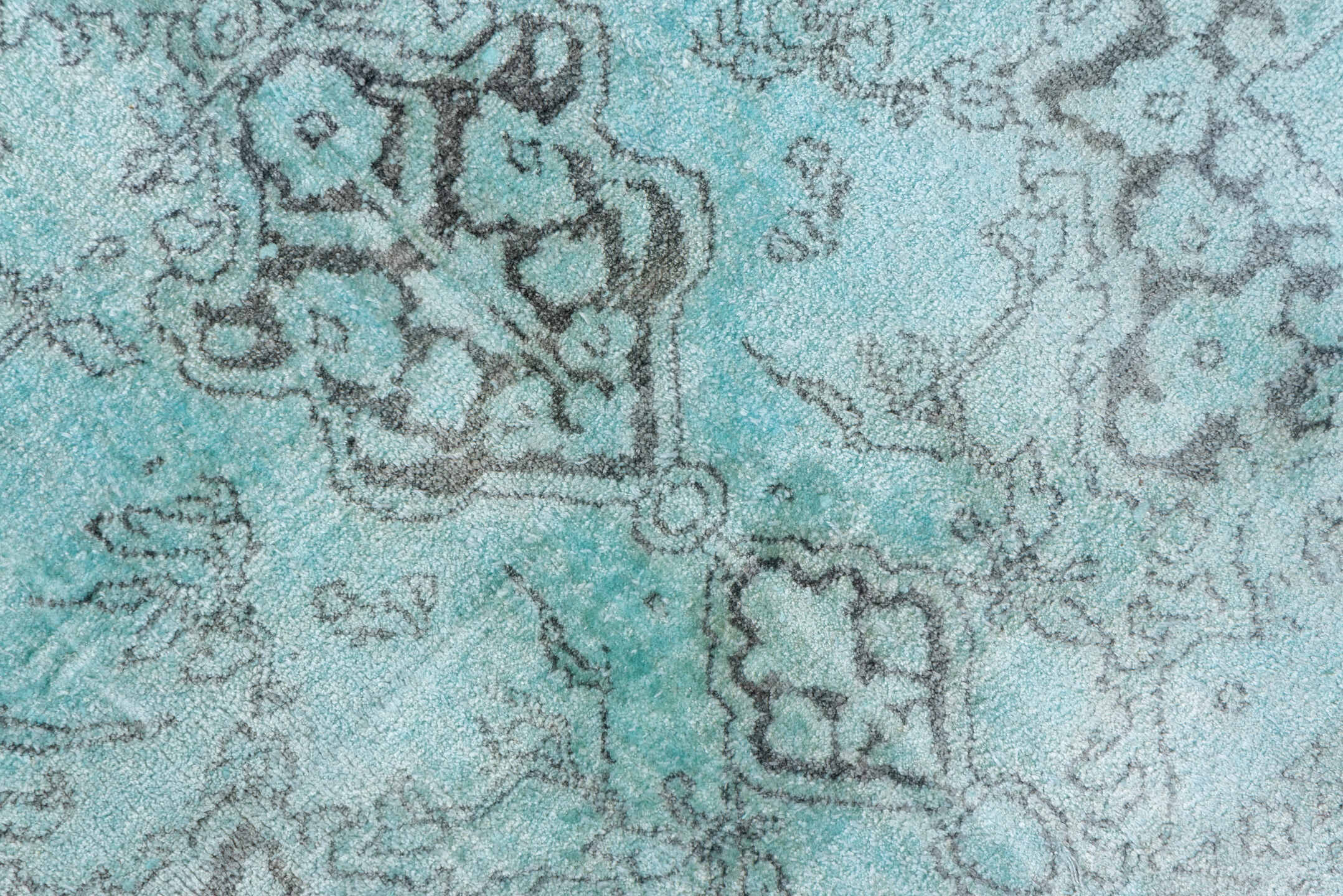 4' x 7' one-of-a-kind handmade vintage Overdyed rug. Color palette: aqua, ivory, silver, taupe, gray, teal, beige