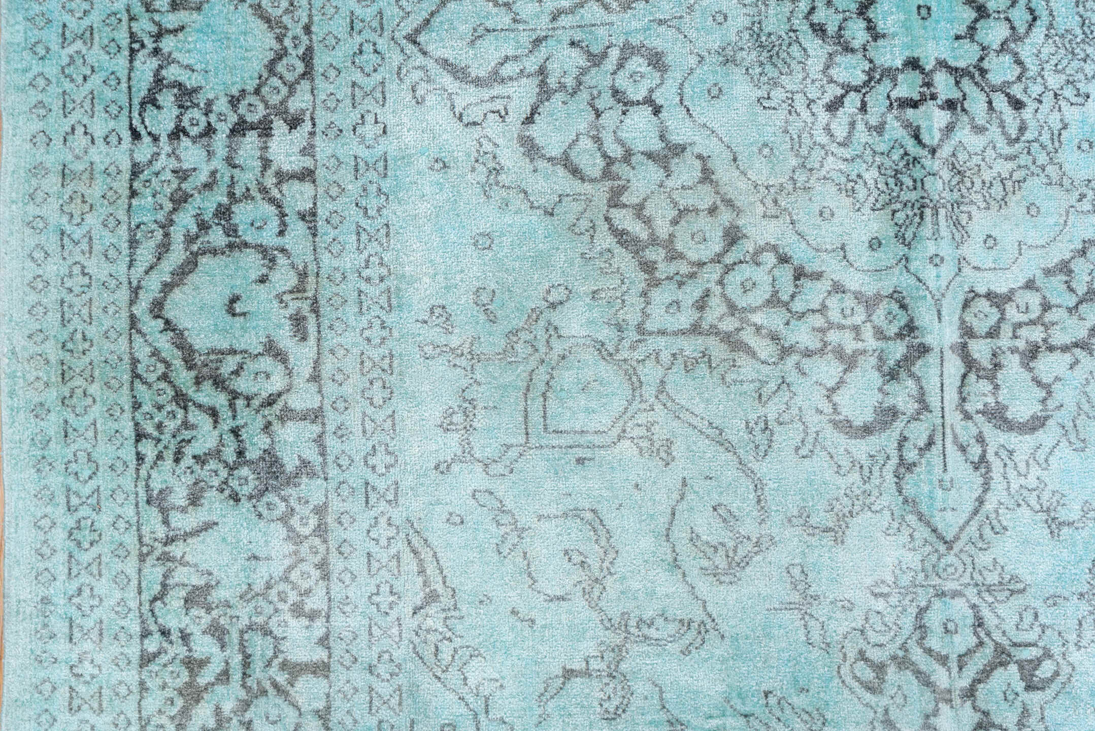 4' x 7' one-of-a-kind handmade vintage Overdyed rug. Color palette: aqua, ivory, silver, taupe, gray, teal, beige