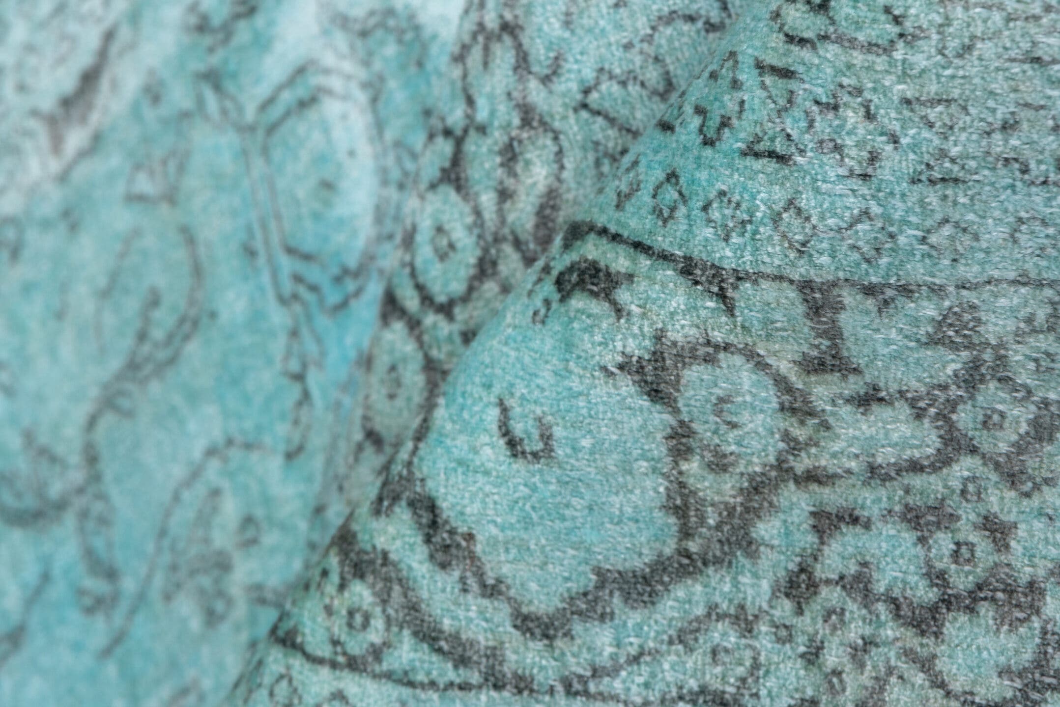 4' x 7' one-of-a-kind handmade vintage Overdyed rug. Color palette: aqua, ivory, silver, taupe, gray, teal, beige