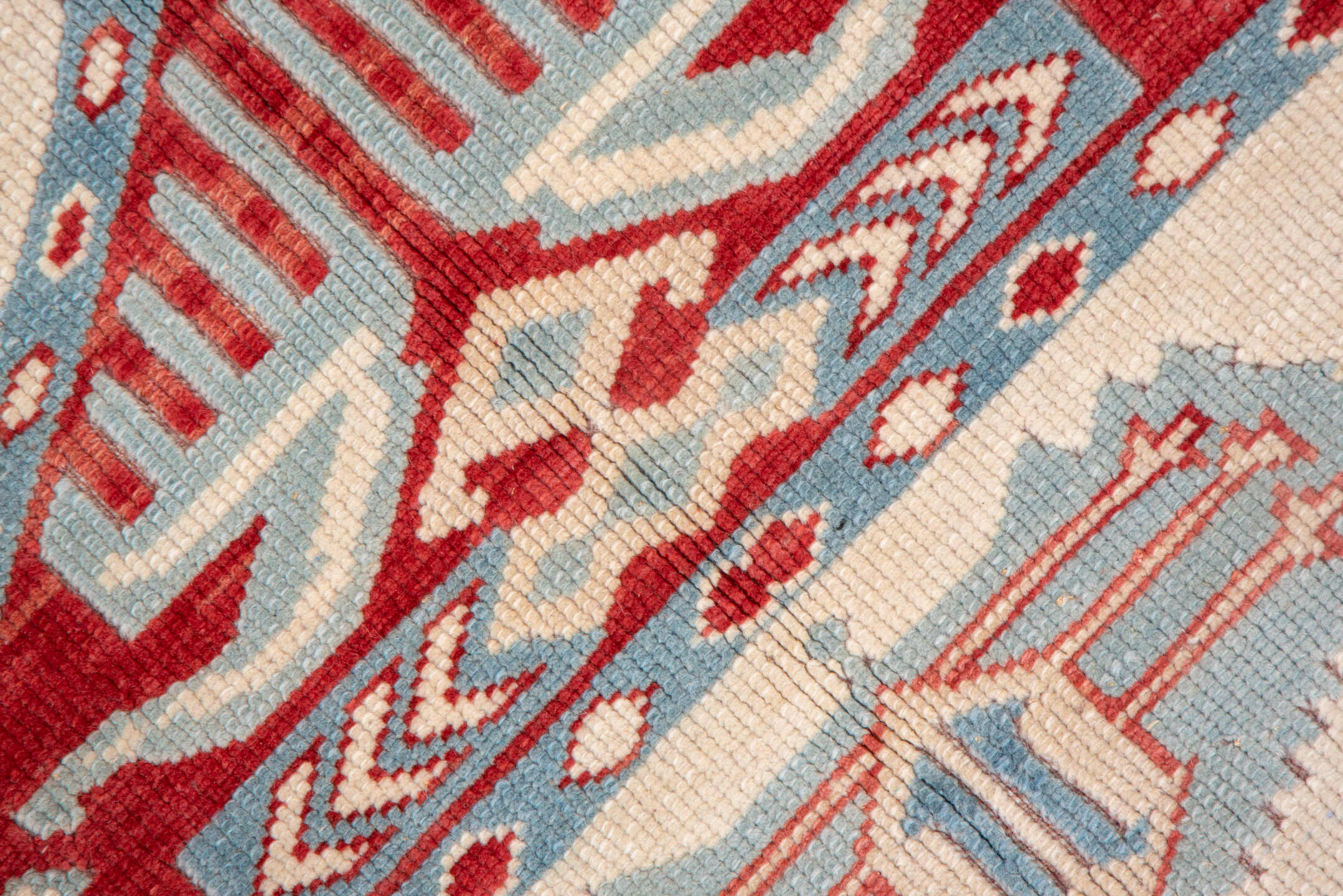 7' x 9' one-of-a-kind handmade vintage Oushak rug. Color palette: ivory, sky blue, rust, brick red, cream, light blue
