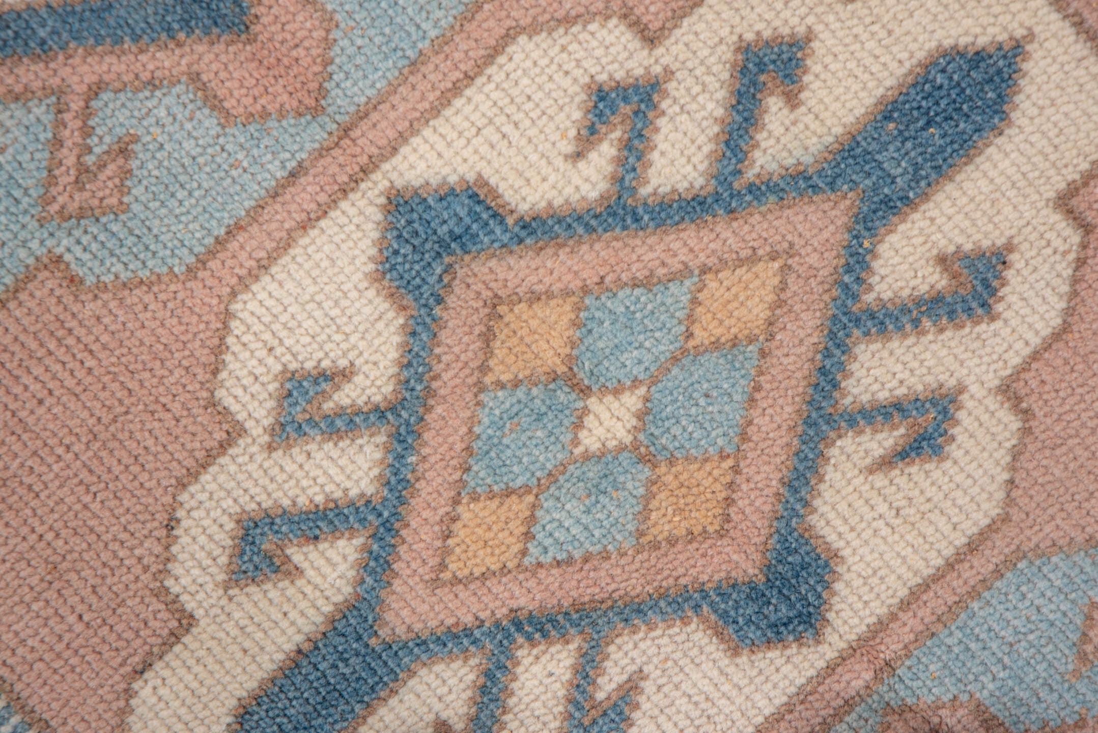 2' x 12' one-of-a-kind handmade vintage Oushak runner rug. Color palette: blush, ivory, powder_blue, denim, taupe, pink