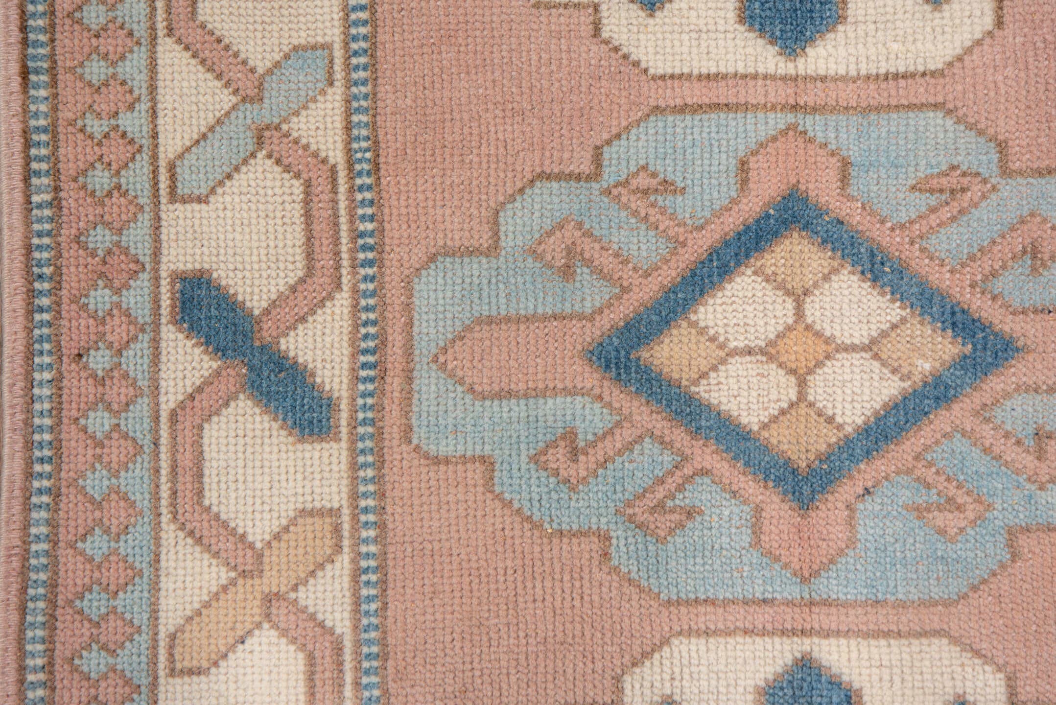 2' x 12' one-of-a-kind handmade vintage Oushak runner rug. Color palette: blush, ivory, powder_blue, denim, taupe, pink