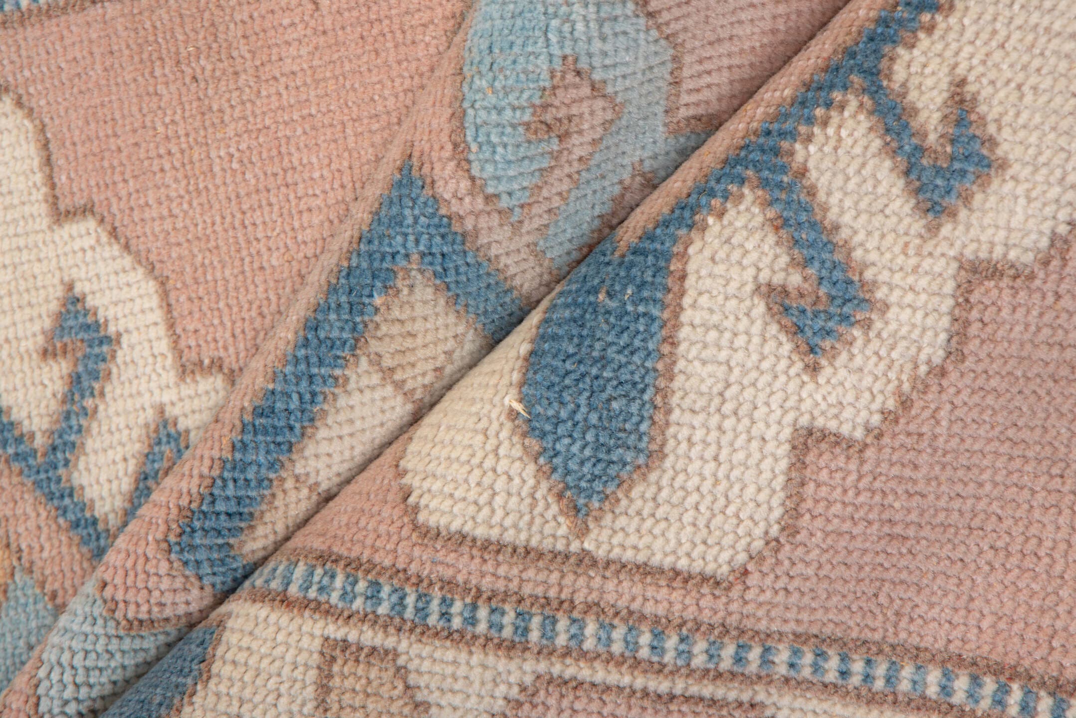 2' x 12' one-of-a-kind handmade vintage Oushak runner rug. Color palette: blush, ivory, powder_blue, denim, taupe, pink