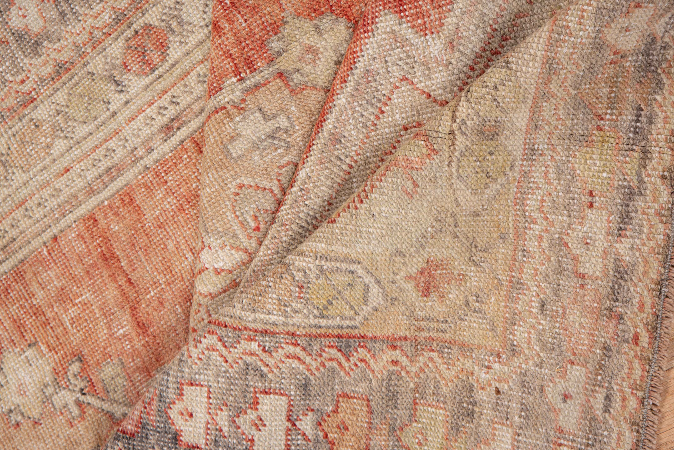 4' x 7' one-of-a-kind handmade vintage Oushak rug. Color palette: coral, ivory, gray, taupe, rose, slate, terracotta, beige