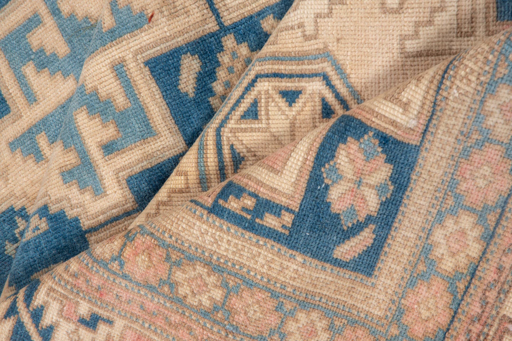 6' x 8' one-of-a-kind handmade vintage Oushak medium size rug. Color palette: ivory, pale blue, beige, taupe, camel