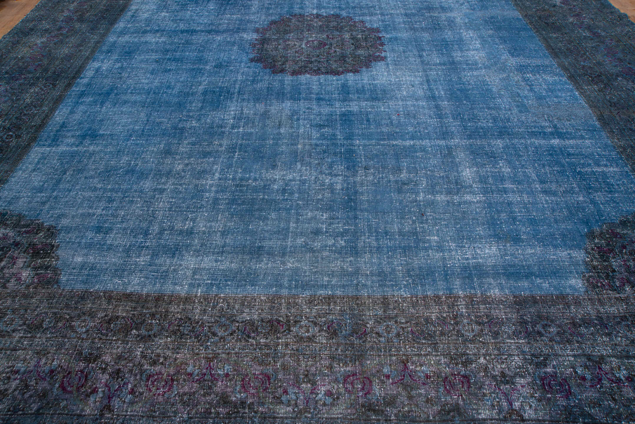 13' x 15' one-of-a-kind handmade vintage Overdyed oversize rug. Color palette: blue, charcoal, slate, lavender, plum, gray