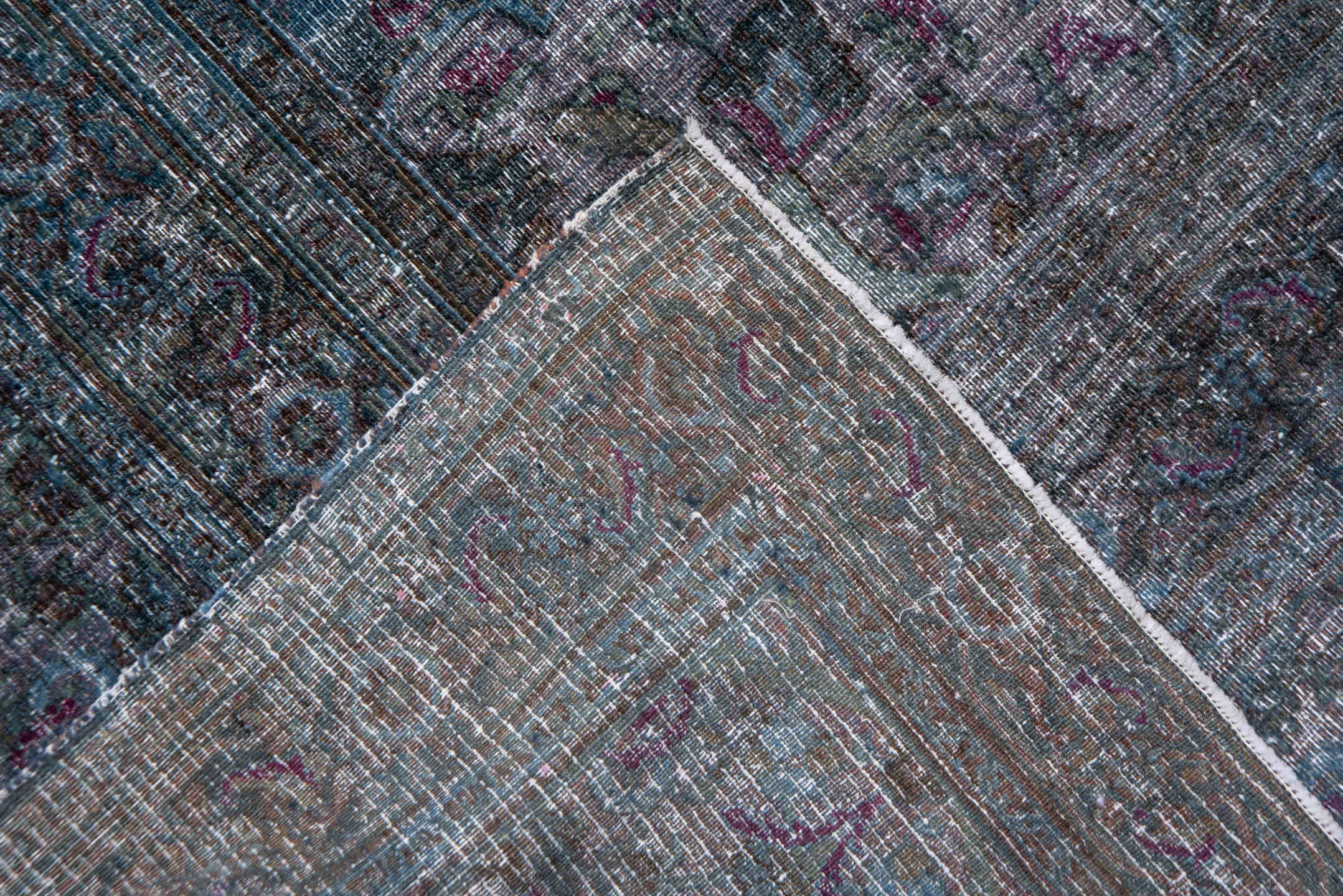 13' x 15' one-of-a-kind handmade vintage Overdyed oversize rug. Color palette: blue, charcoal, slate, lavender, plum, gray