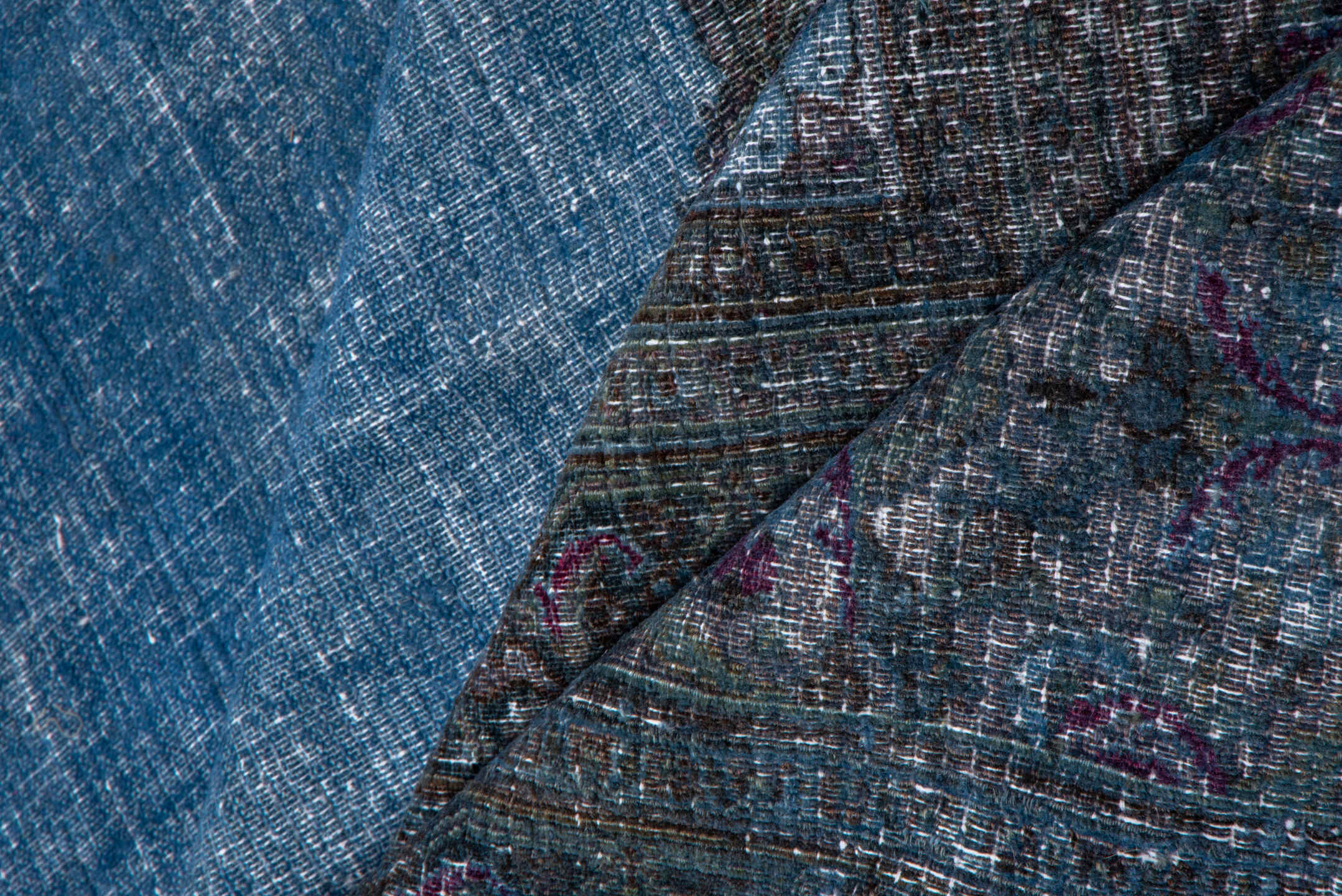 13' x 15' one-of-a-kind handmade vintage Overdyed oversize rug. Color palette: blue, charcoal, slate, lavender, plum, gray