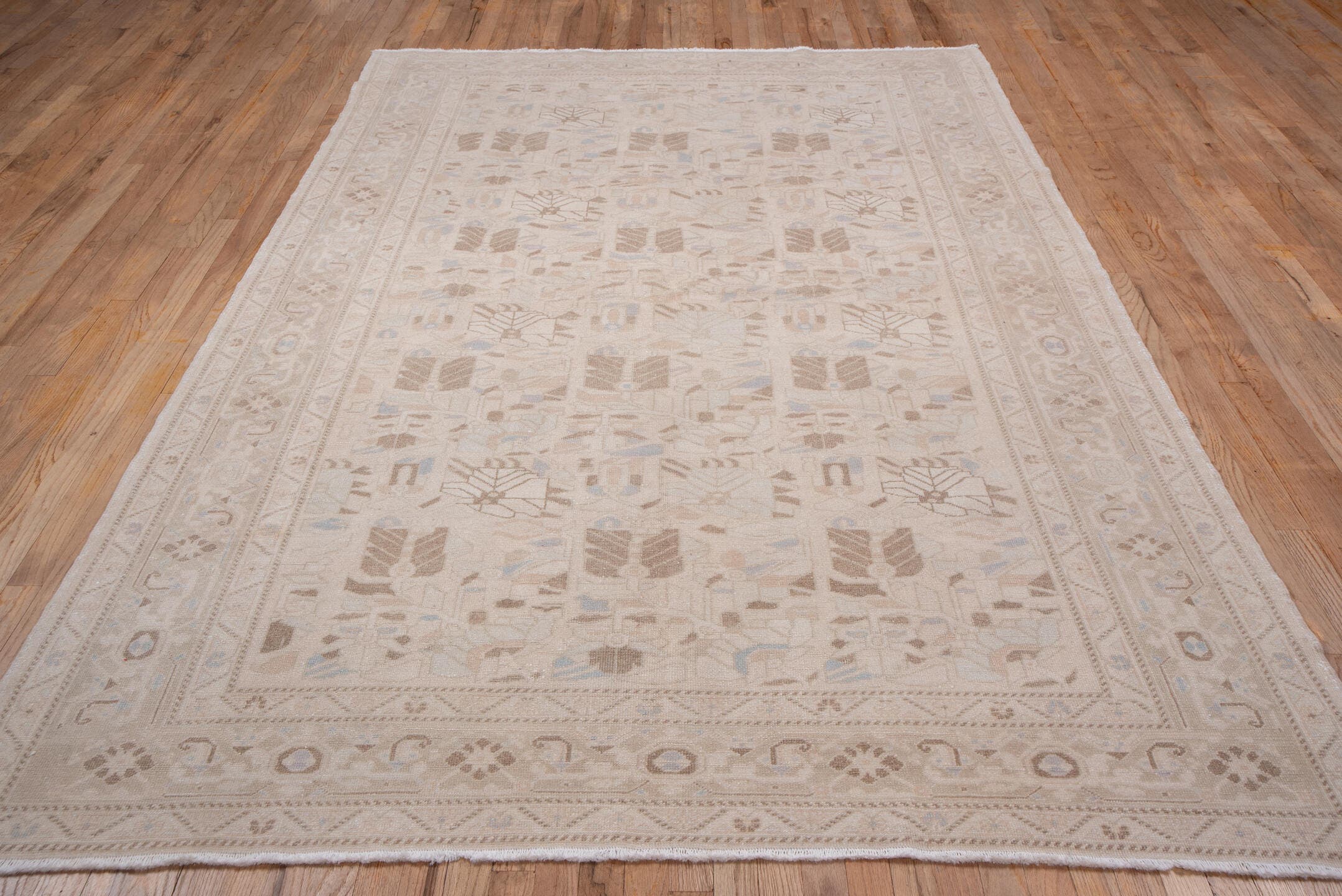 6' x 9' one-of-a-kind handmade vintage Oushak medium size rug. Color palette: ivory, blush, taupe, pale_blue, beige, sand