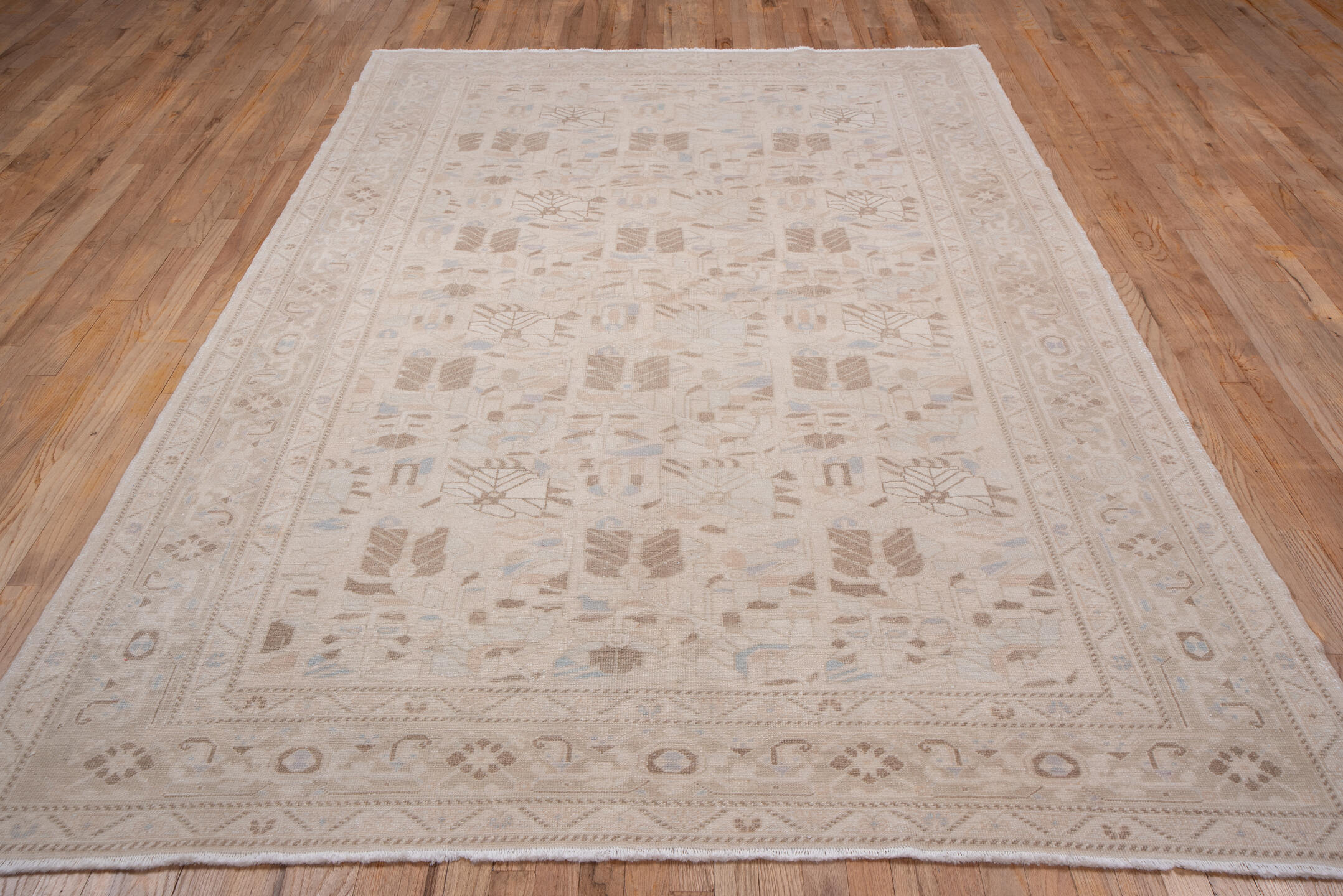 6' x 9' one-of-a-kind handmade vintage Oushak medium size rug. Color palette: ivory, blush, taupe, pale_blue, beige, sand