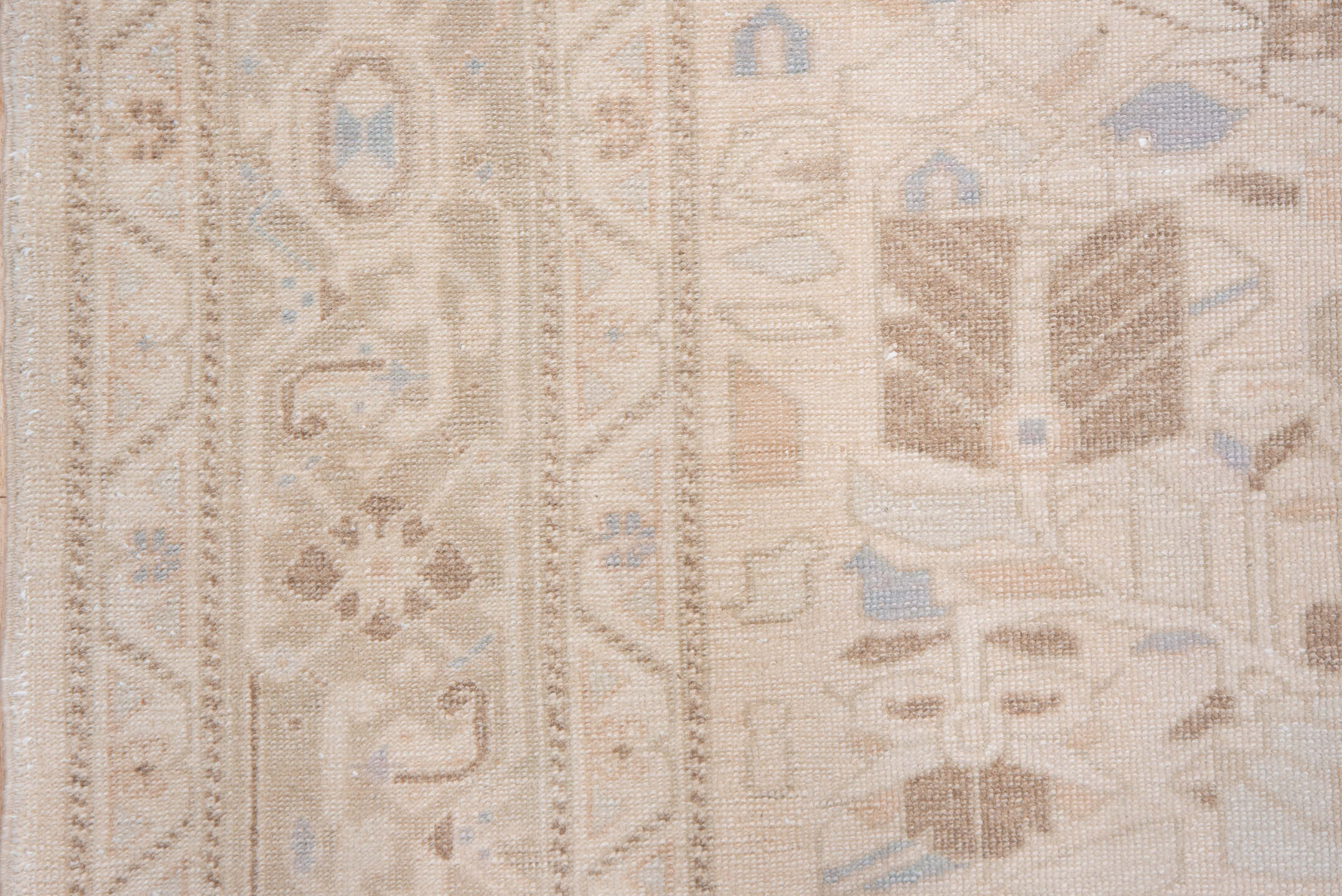 6' x 9' one-of-a-kind handmade vintage Oushak medium size rug. Color palette: ivory, blush, taupe, pale_blue, beige, sand