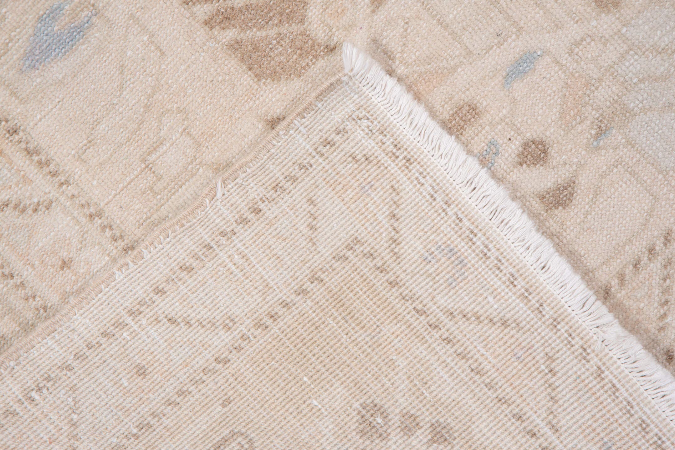6' x 9' one-of-a-kind handmade vintage Oushak medium size rug. Color palette: ivory, blush, taupe, pale_blue, beige, sand