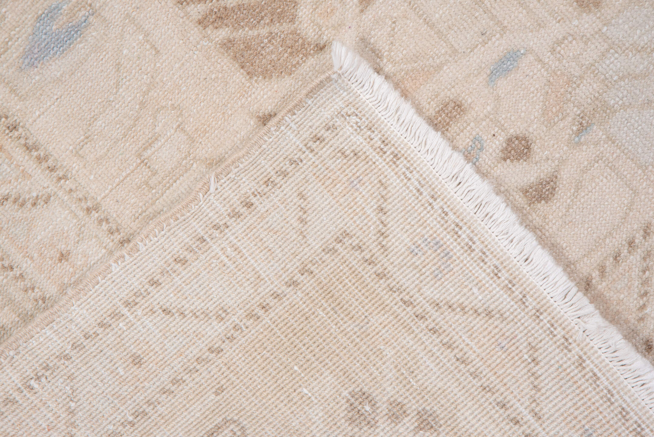 6' x 9' one-of-a-kind handmade vintage Oushak medium size rug. Color palette: ivory, blush, taupe, pale_blue, beige, sand