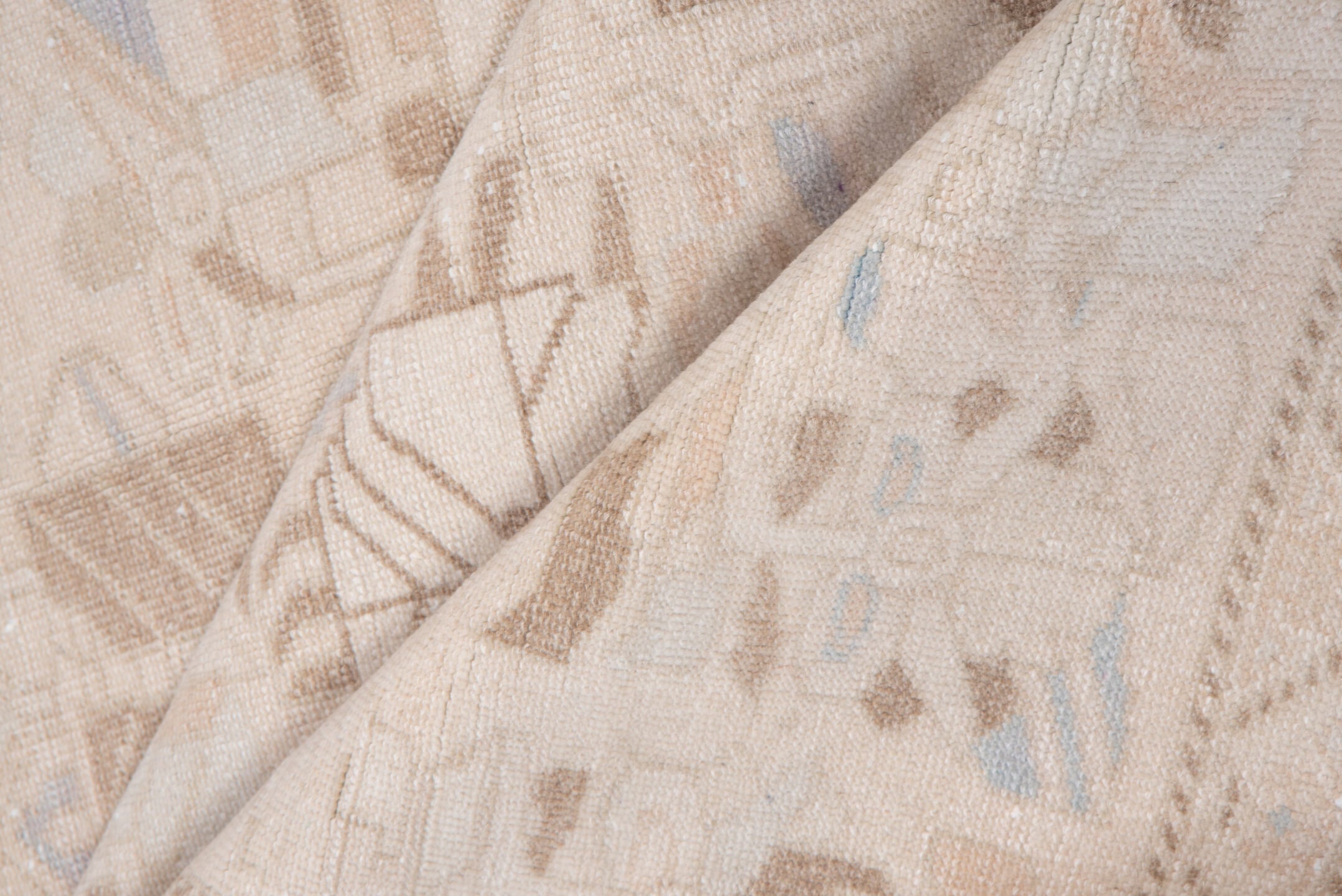 6' x 9' one-of-a-kind handmade vintage Oushak medium size rug. Color palette: ivory, blush, taupe, pale_blue, beige, sand