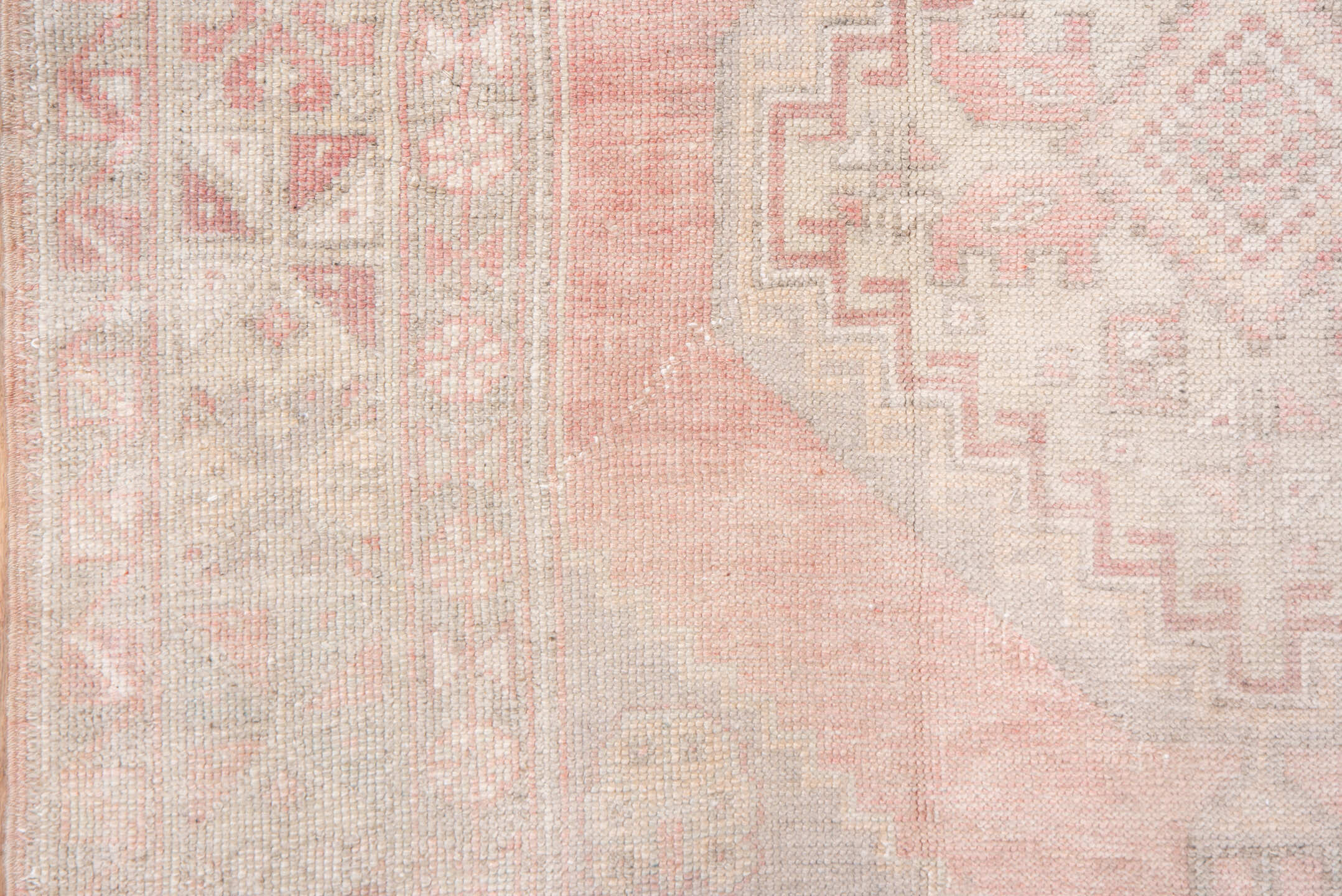 3' x 5' one-of-a-kind handmade vintage Oushak small size rug. Color palette: blush, ivory, taupe, pale rose, beige, sand