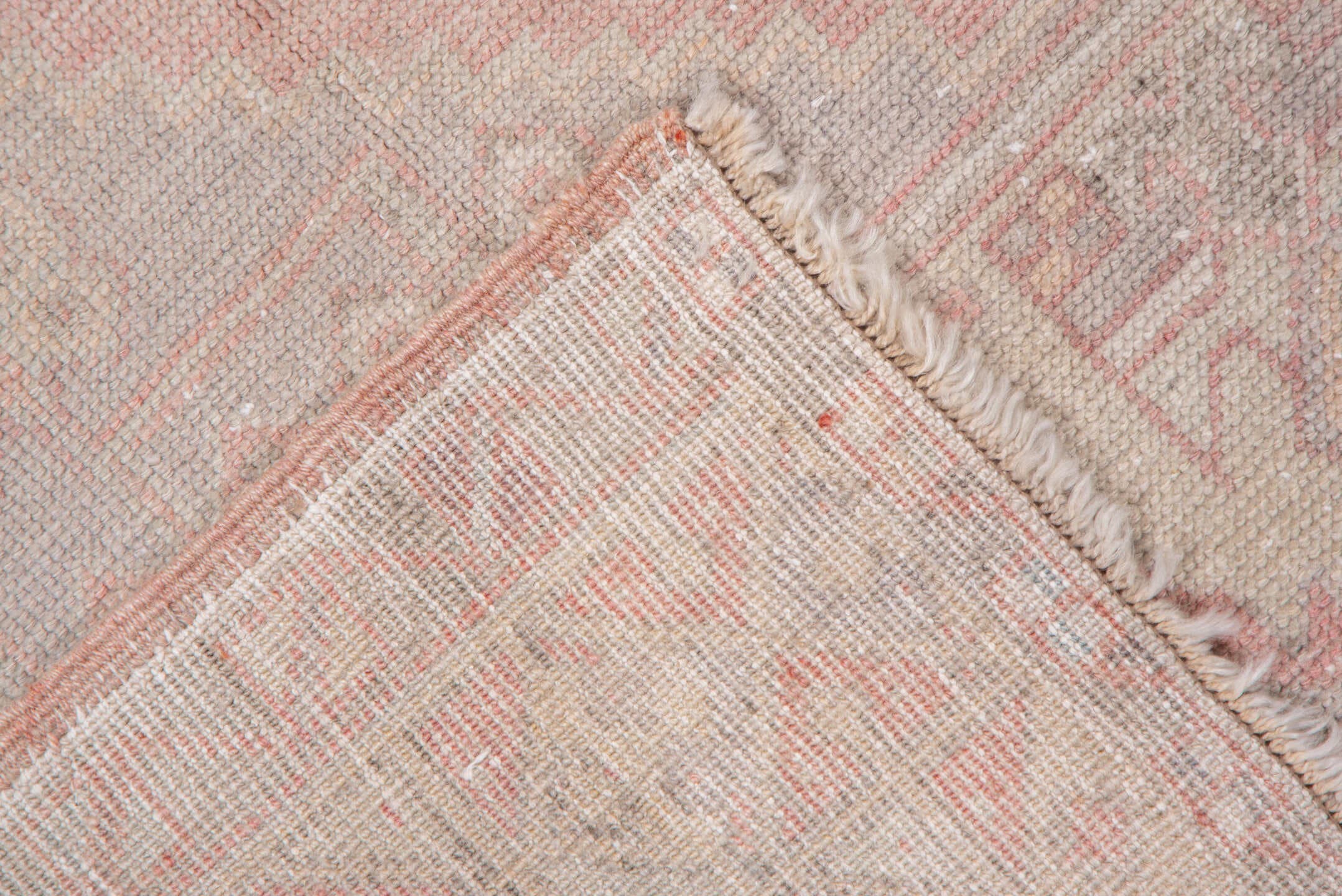 3' x 5' one-of-a-kind handmade vintage Oushak small size rug. Color palette: blush, ivory, taupe, pale rose, beige, sand