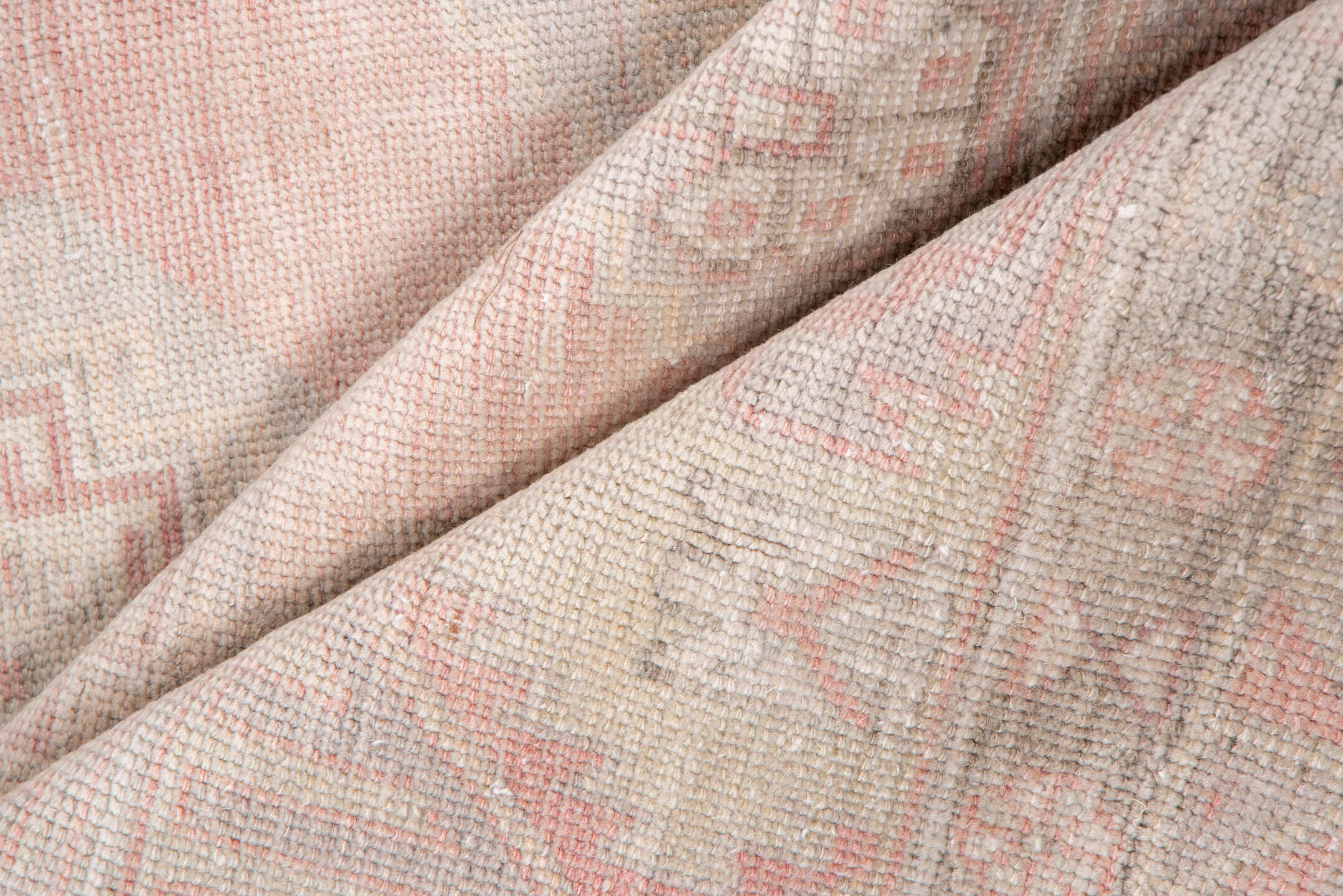 3' x 5' one-of-a-kind handmade vintage Oushak small size rug. Color palette: blush, ivory, taupe, pale rose, beige, sand