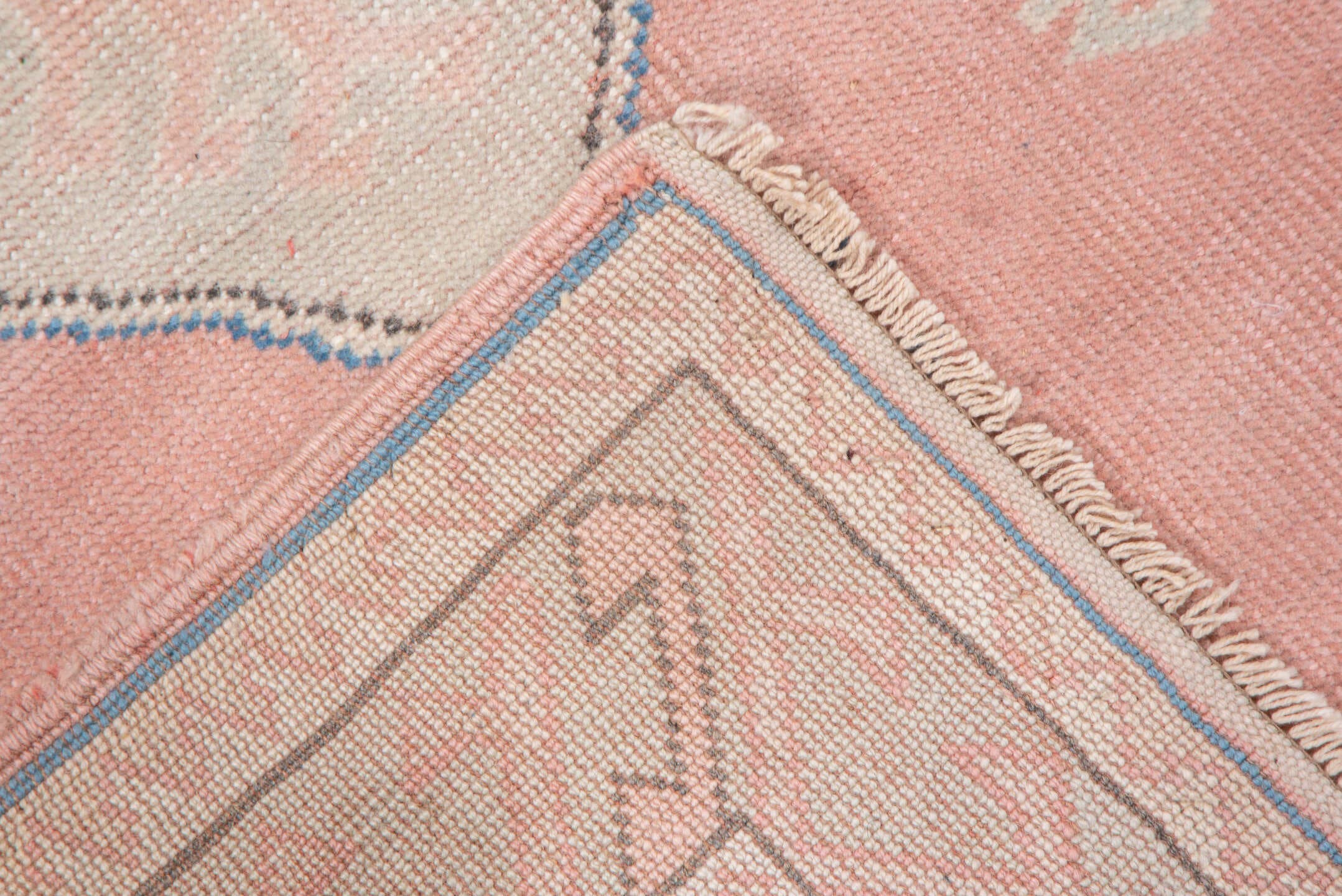 3' x 4' one-of-a-kind handmade vintage Oushak small size rug. Color palette: blush, ivory, pale blue, cream, taupe, pink