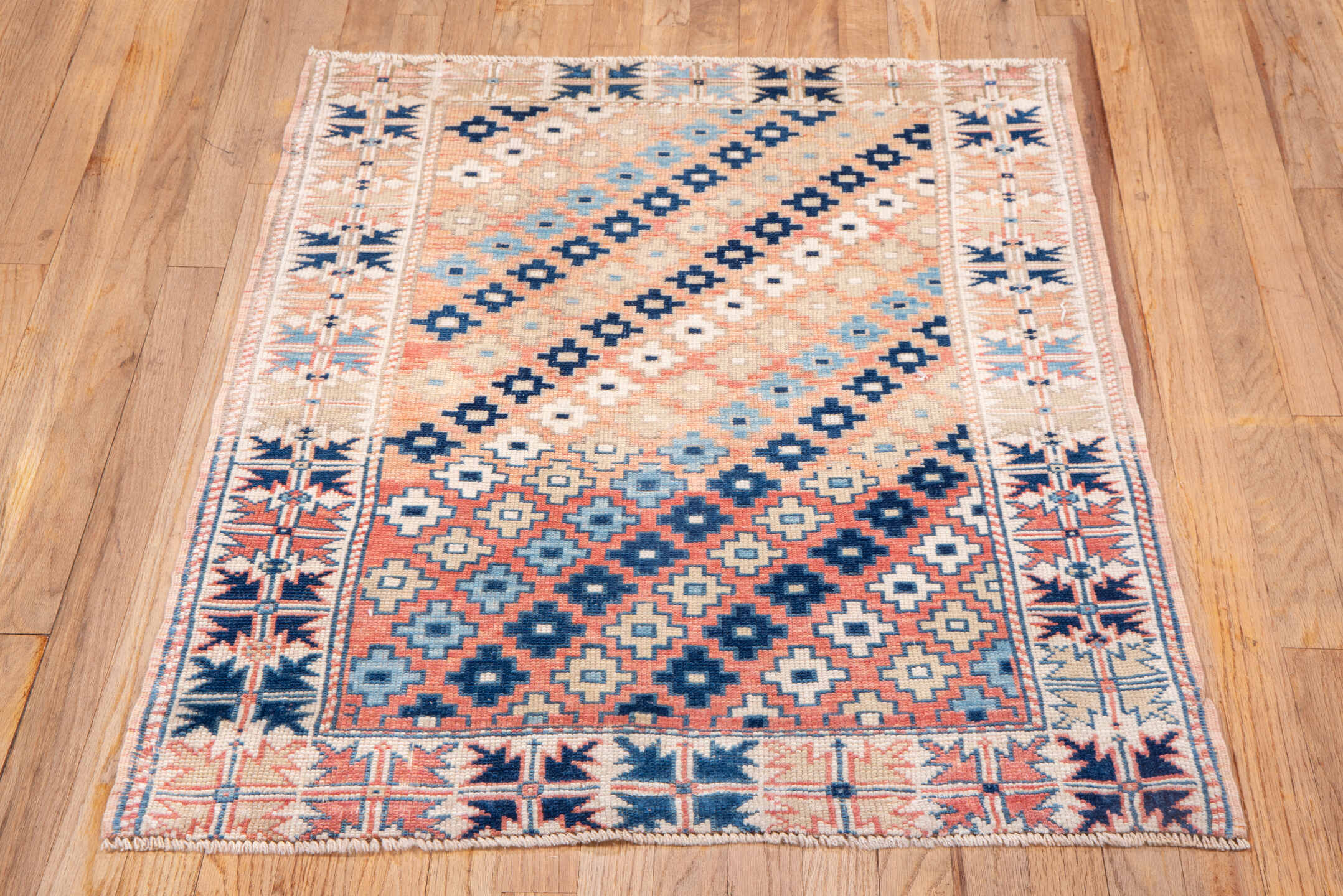 2' x 3' one-of-a-kind handmade vintage Oushak small size rug. Color palette: blue, brown, gray, light gray, off-white, pink