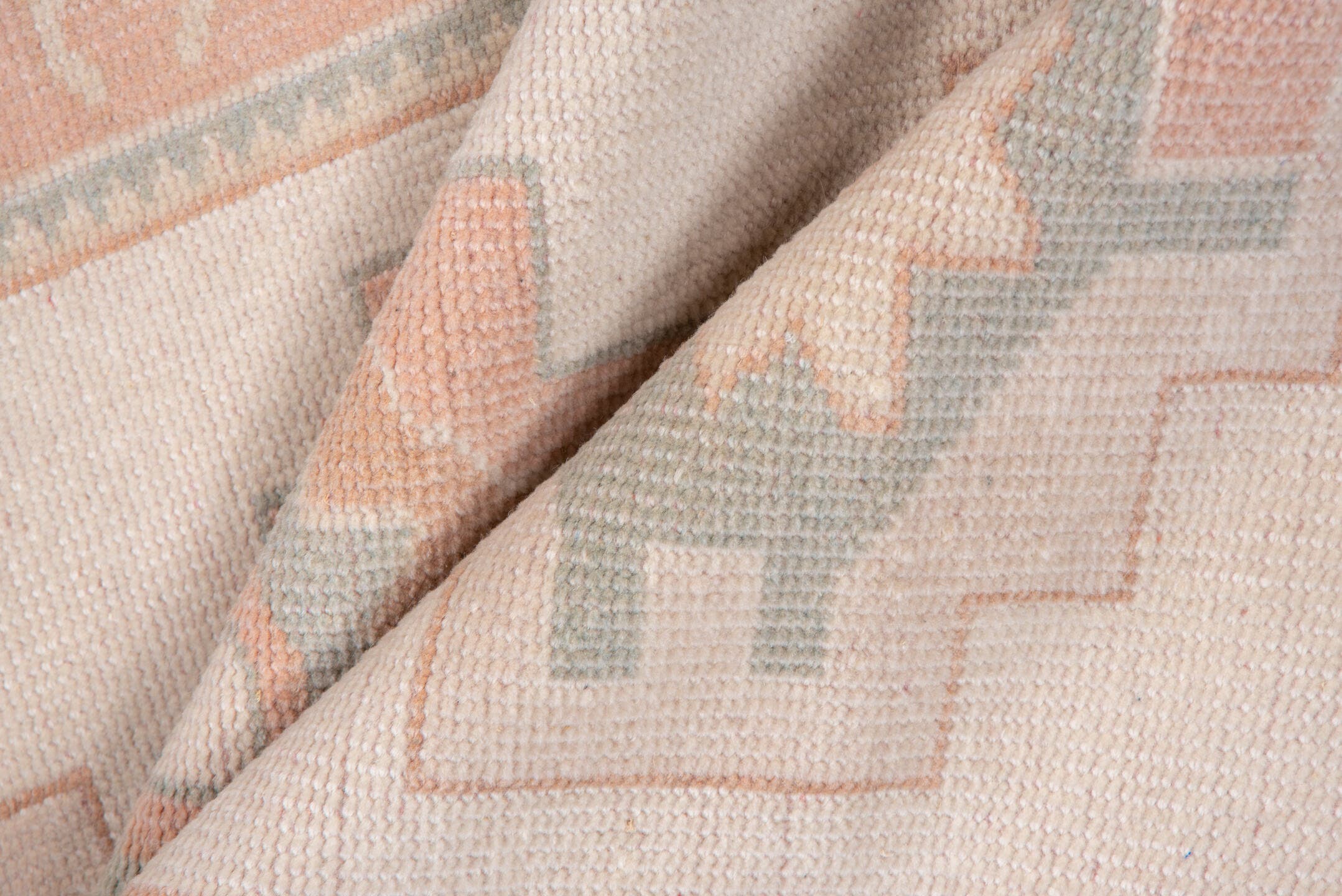 2' x 4' one-of-a-kind handmade vintage Oushak small size rug. Color palette: ivory, blush, peach, sage, taupe, pink