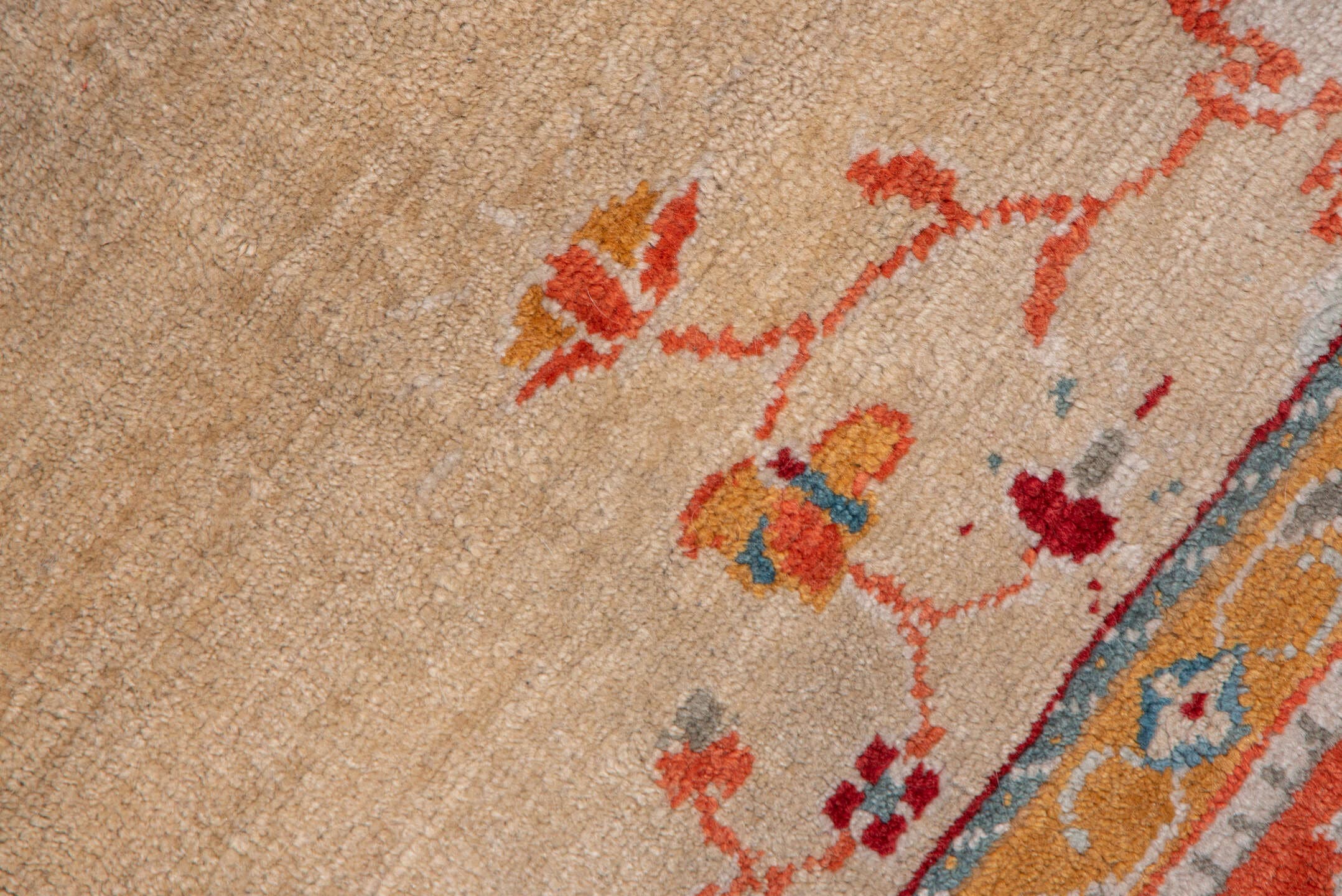 9' x 10' one-of-a-kind handmade vintage Oushak large size rug. Color palette: ivory, coral, beige, sky_blue, gold, taupe