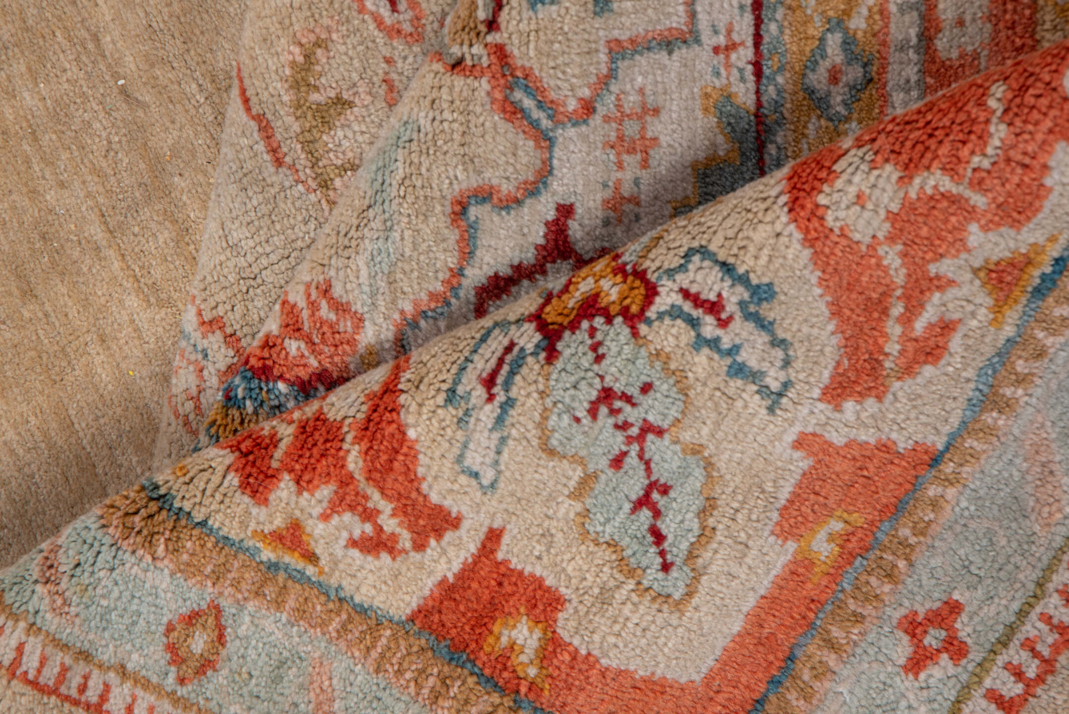 9' x 10' one-of-a-kind handmade vintage Oushak large size rug. Color palette: ivory, coral, beige, sky_blue, gold, taupe