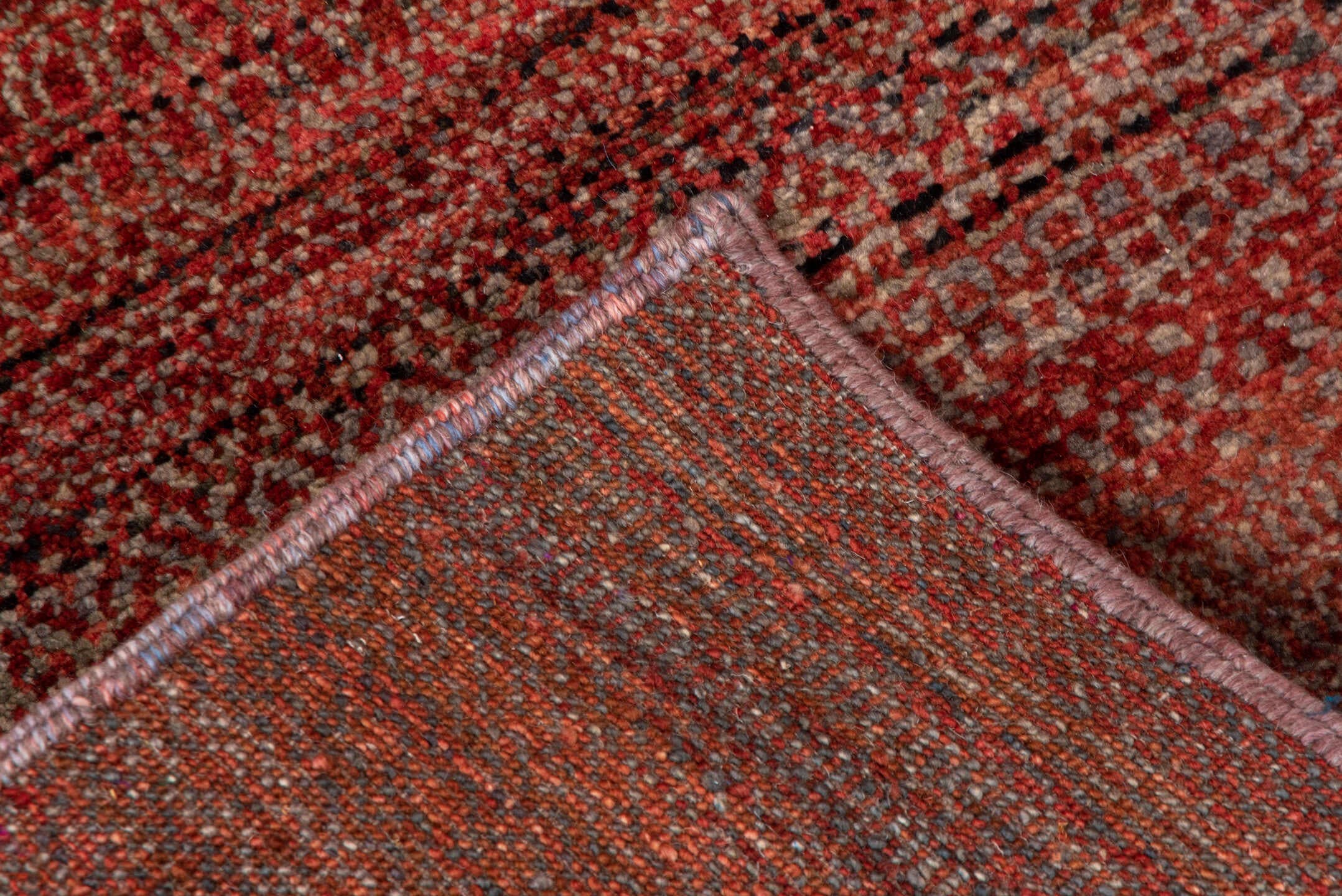 2' x 10' one-of-a-kind handmade vintage Gabbe runner rug. Color palette: rust, brown, terra cotta, mahogany, taupe, charcoal