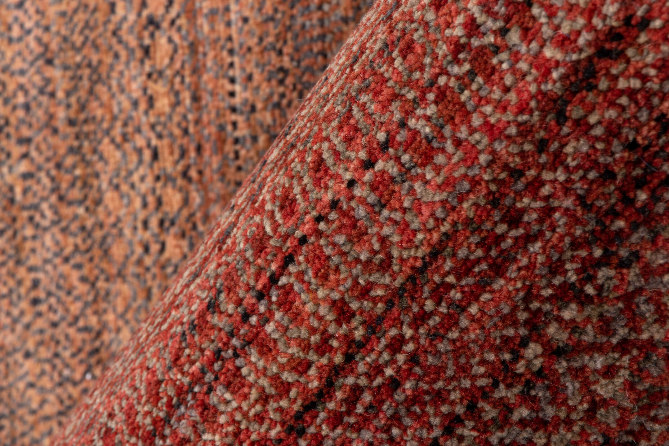 2' x 10' one-of-a-kind handmade vintage Gabbe runner rug. Color palette: brown, off-white, pink, red, redwood, snow, white