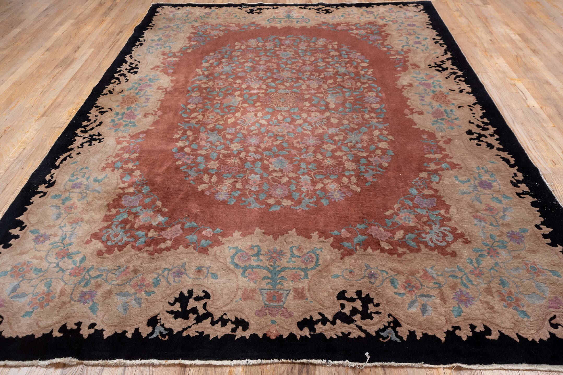 8' x 10' one-of-a-kind handmade vintage Chinese large size rug. Color palette: rose, ivory, charcoal, sky blue, blush, taupe