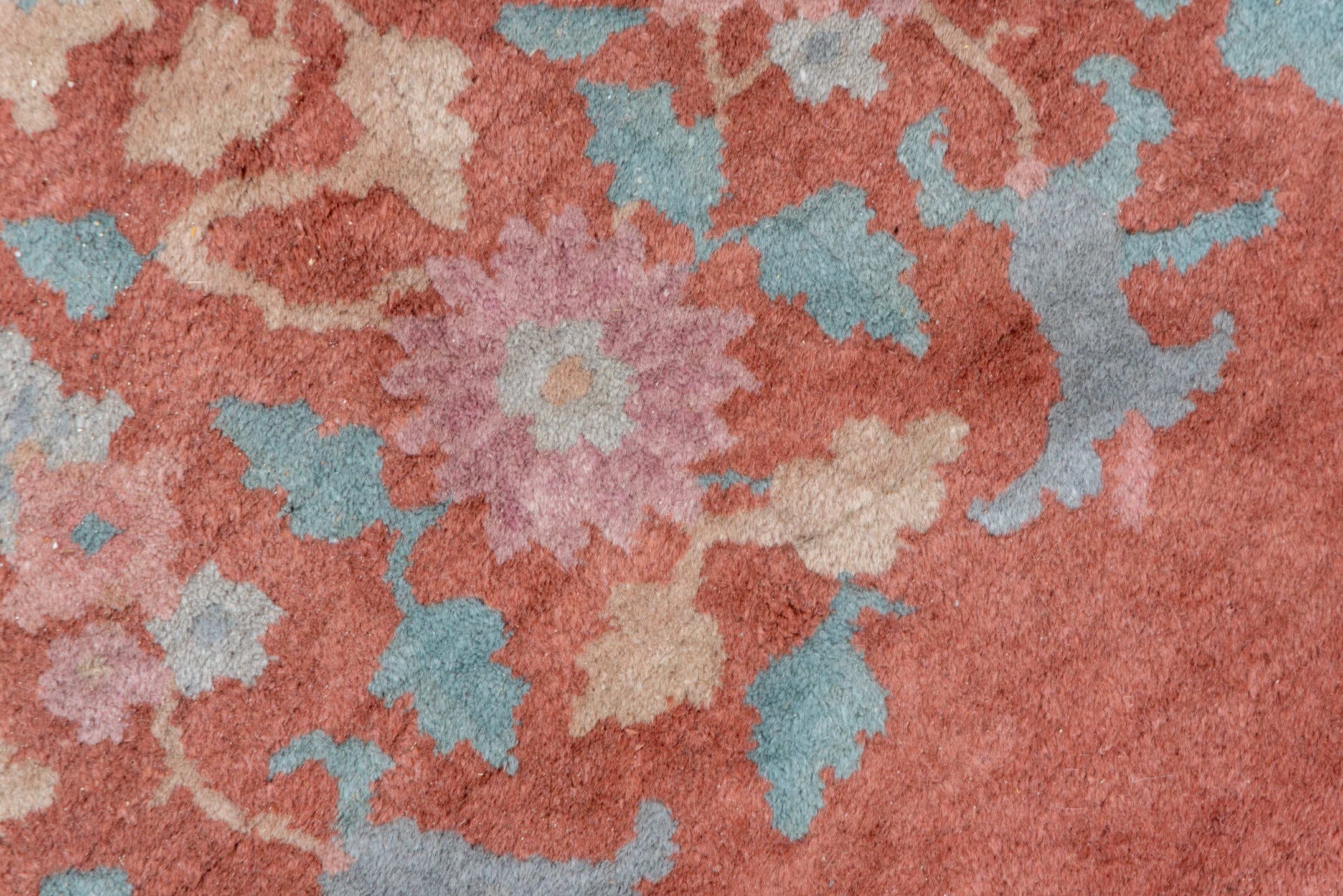 8' x 10' one-of-a-kind handmade vintage Chinese large size rug. Color palette: rose, ivory, charcoal, sky blue, blush, taupe