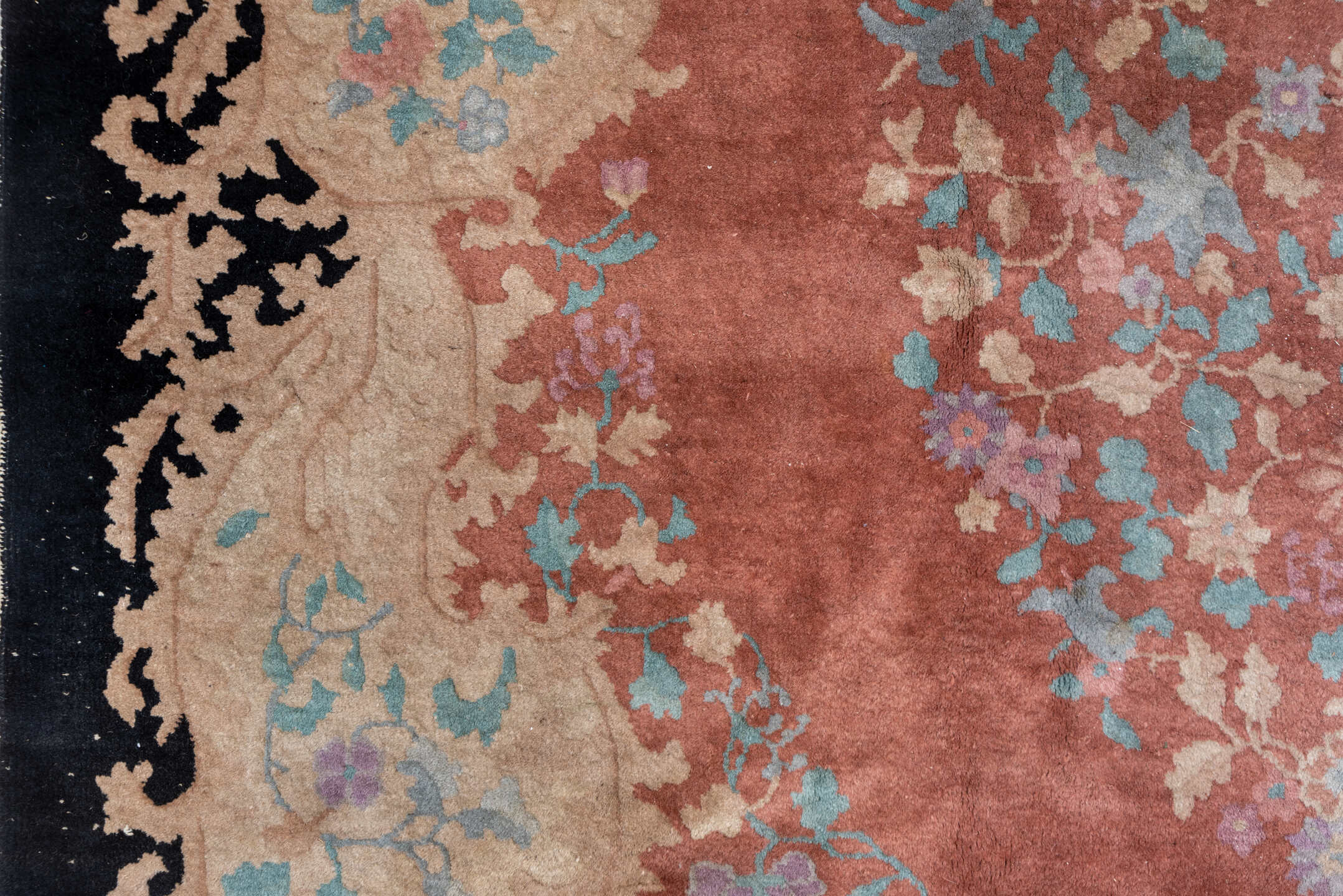 8' x 10' one-of-a-kind handmade vintage Chinese large size rug. Color palette: rose, ivory, charcoal, sky blue, blush, taupe