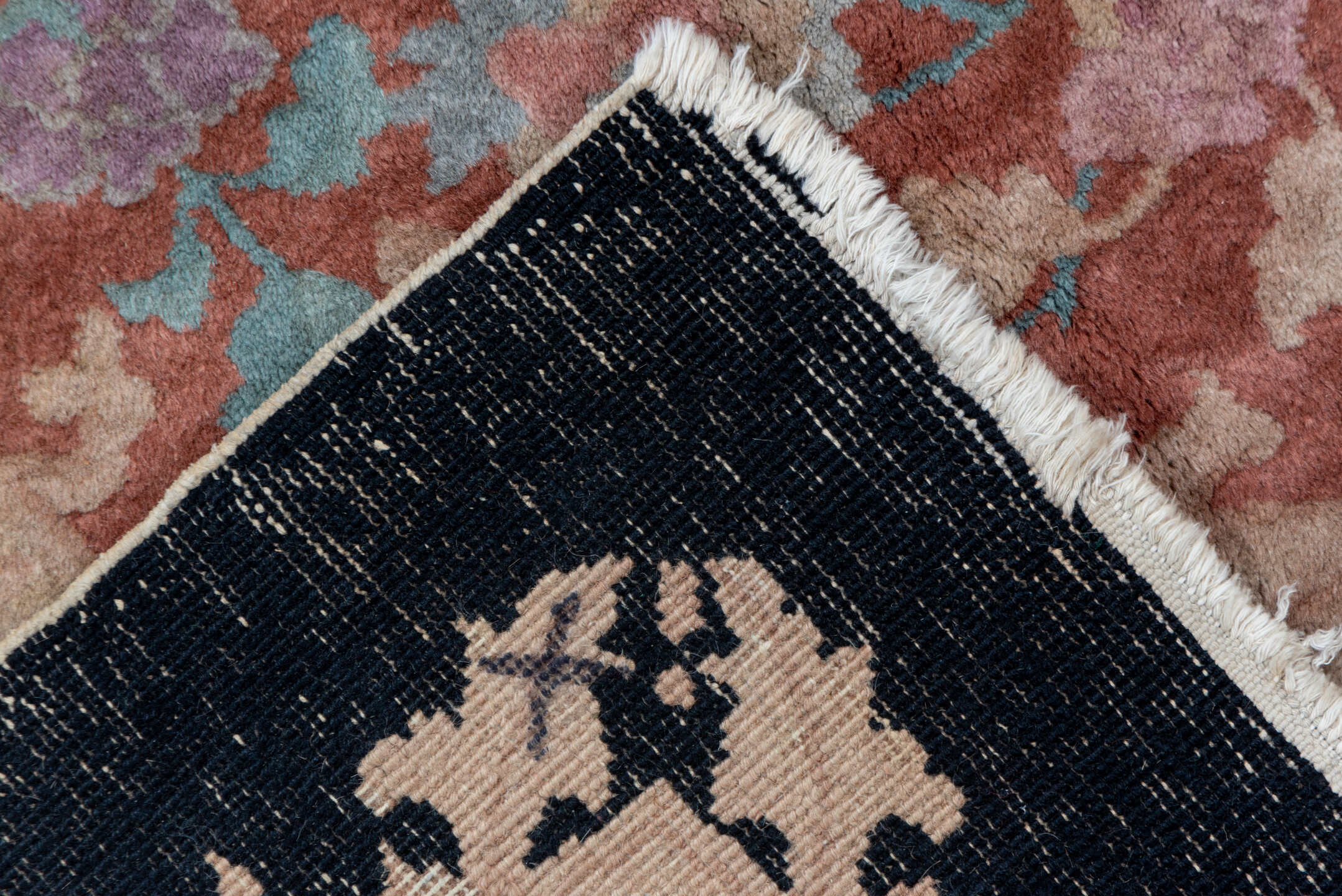 8' x 10' one-of-a-kind handmade vintage Chinese large size rug. Color palette: rose, ivory, charcoal, sky blue, blush, taupe