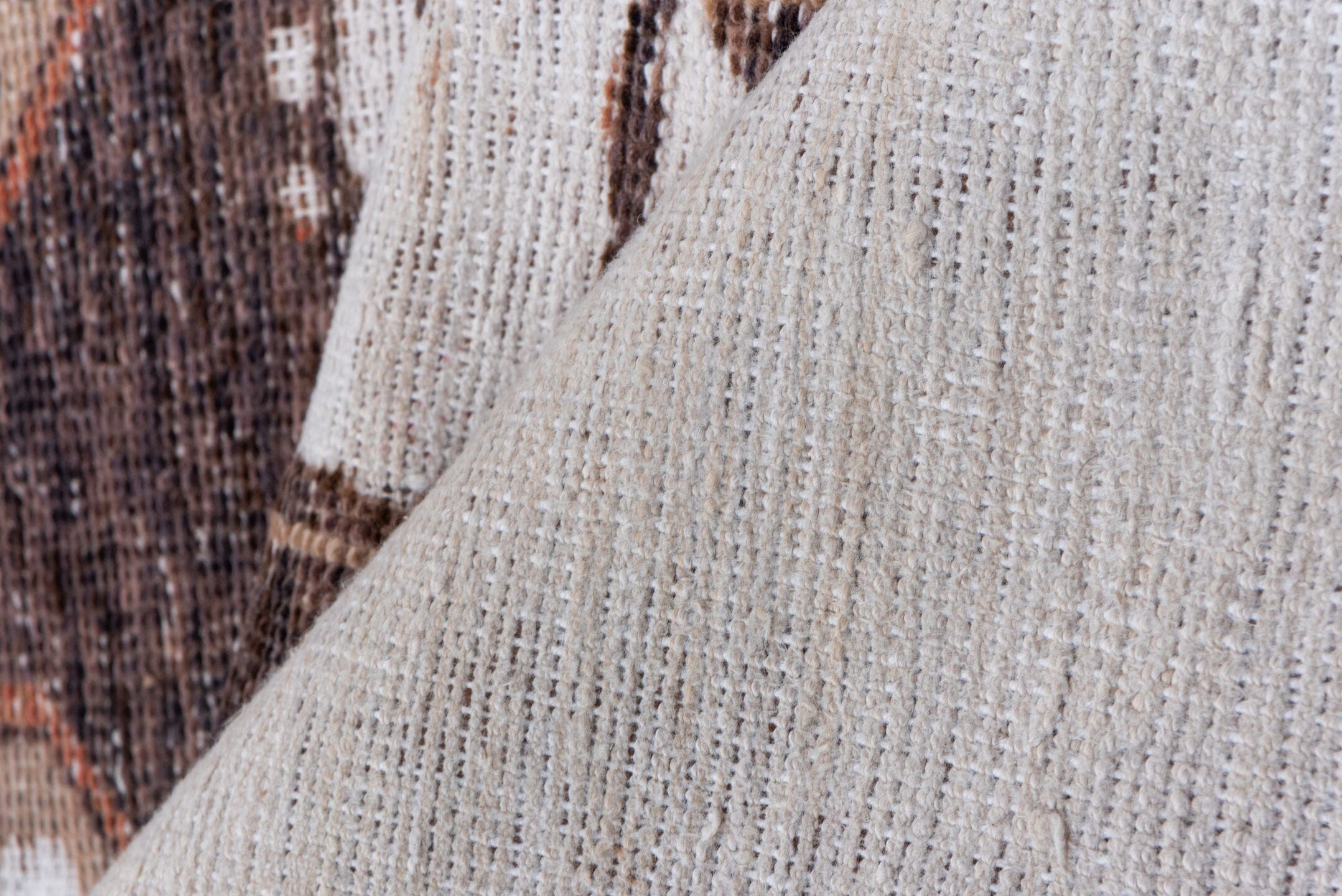3' x 11' one-of-a-kind handmade vintage Oushak runner rug. Color palette: ivory, brown, taupe, rose, beige, gray, pink, red