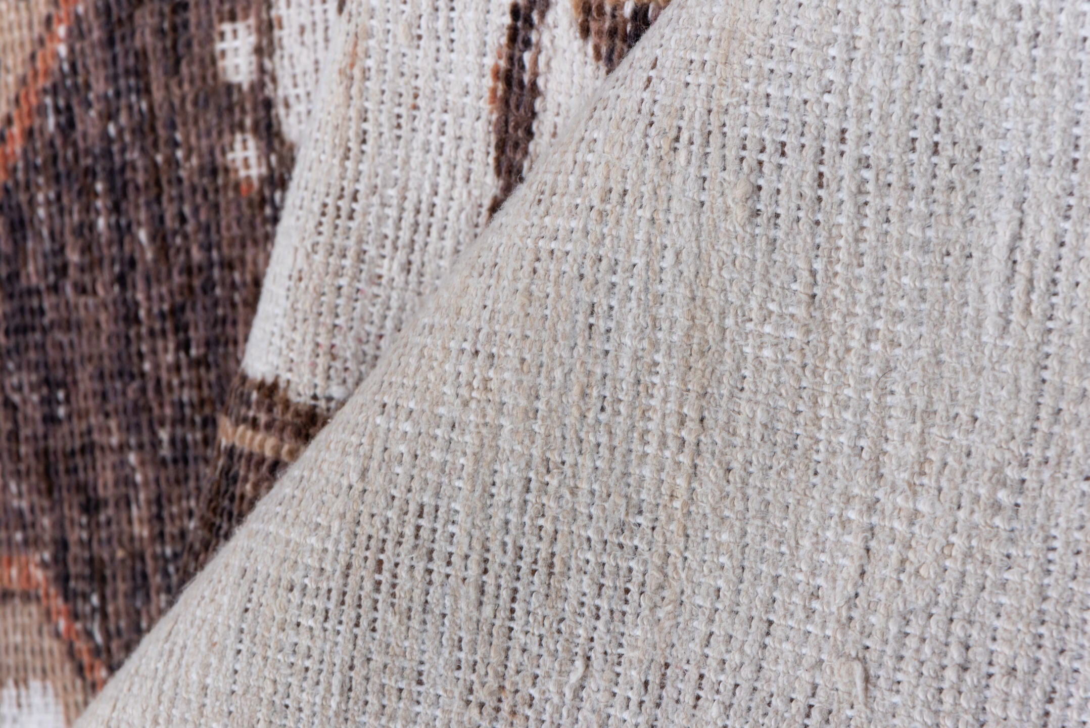 3' x 11' one-of-a-kind handmade vintage Oushak runner rug. Color palette: ivory, brown, taupe, rose, beige, gray, pink, red