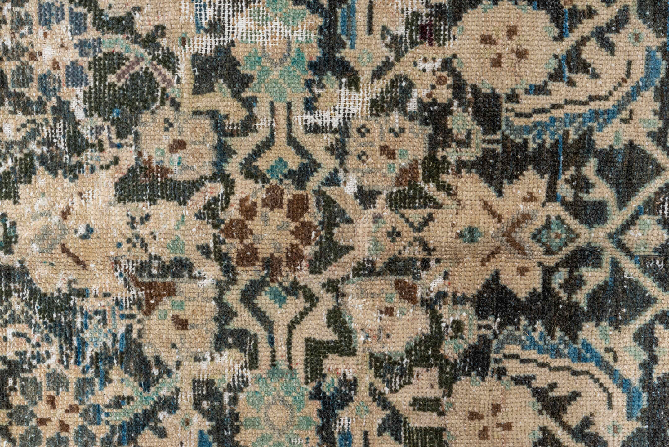 4' x 8' one-of-a-kind handmade vintage Malayer rug. Color palette: ivory, sky blue, charcoal, brown, taupe, cream