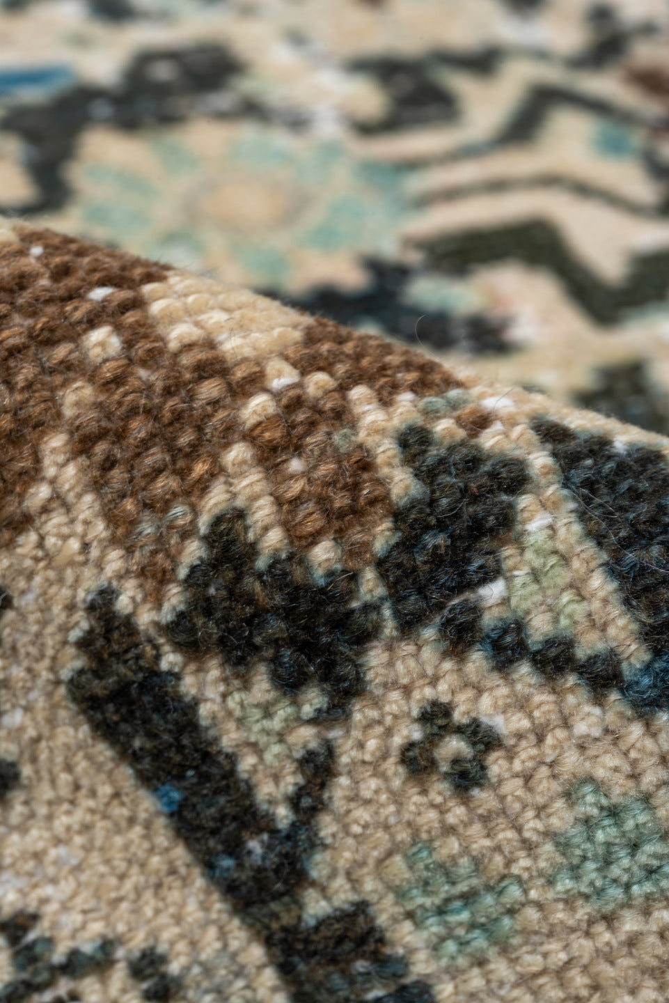 4' x 8' one-of-a-kind handmade vintage Malayer rug. Color palette: black, blue, brown, gray, light gray, off-white, orange