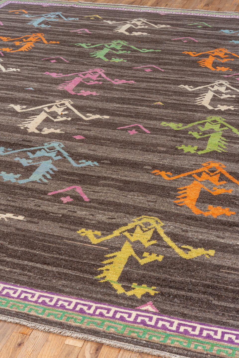 10' x 13' one-of-a-kind handmade vintage Kars large size rug. Color palette: charcoal, lavender, ivory, sky_blue, orange