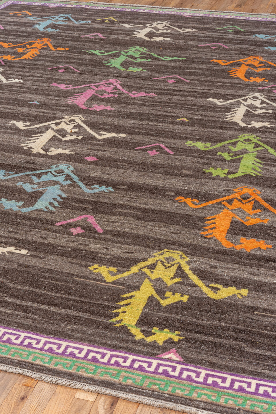 10' x 13' one-of-a-kind handmade vintage Kars large size rug. Color palette: charcoal, lavender, ivory, sky_blue, orange