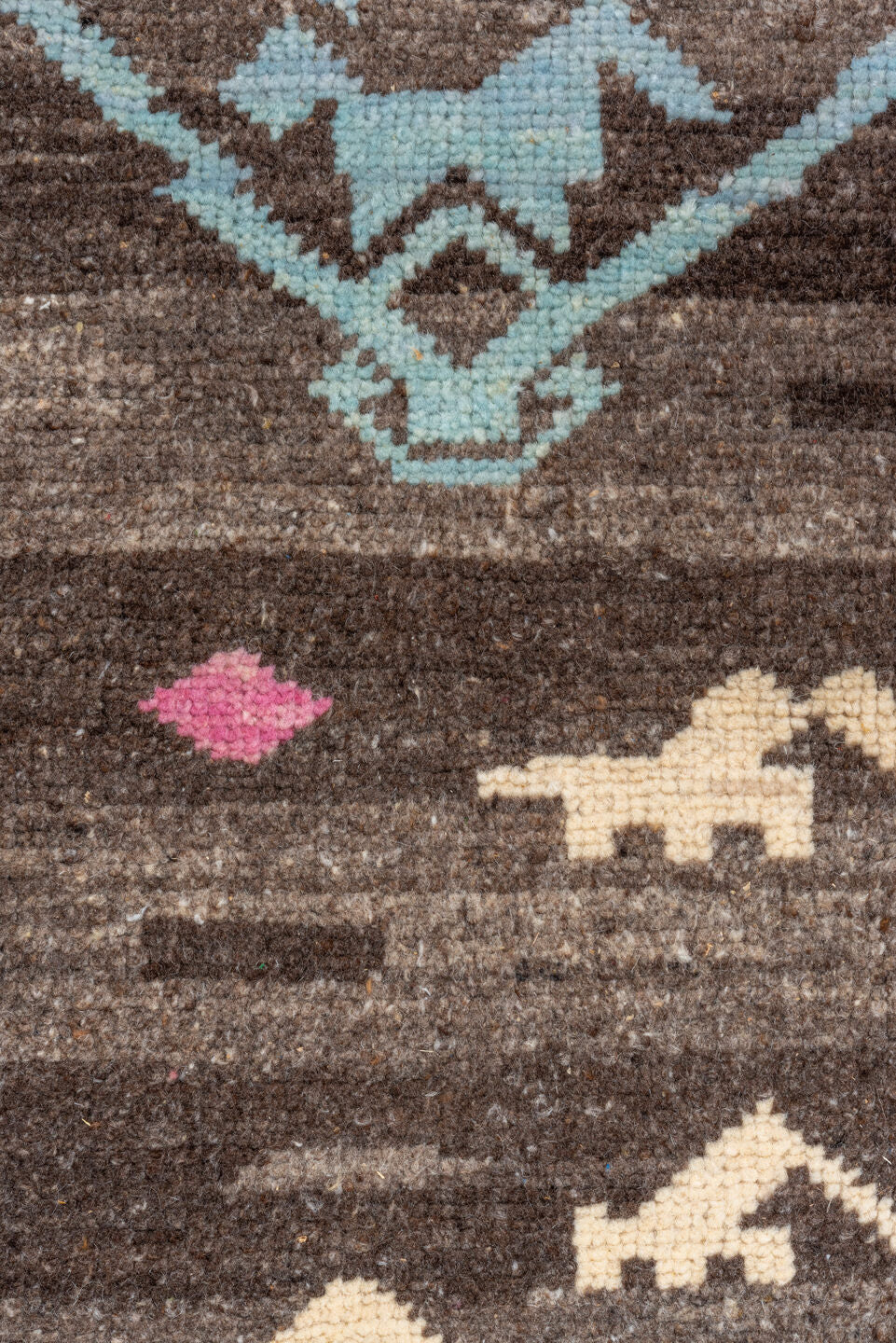 10' x 13' one-of-a-kind handmade vintage Kars large size rug. Color palette: blue, brown, gray, green, light blue