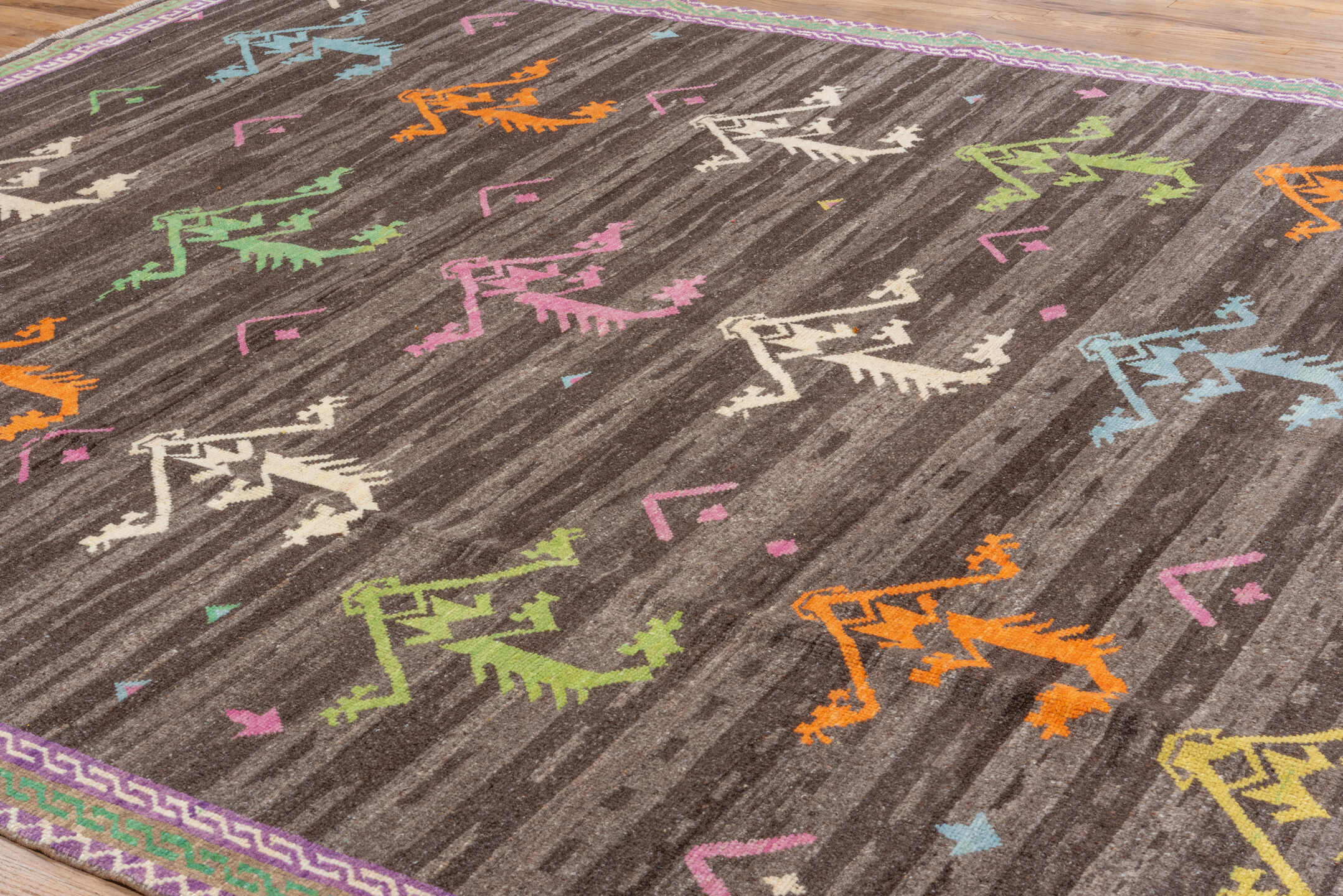 10' x 13' one-of-a-kind handmade vintage Kars large size rug. Color palette: charcoal, lavender, ivory, sky_blue, orange