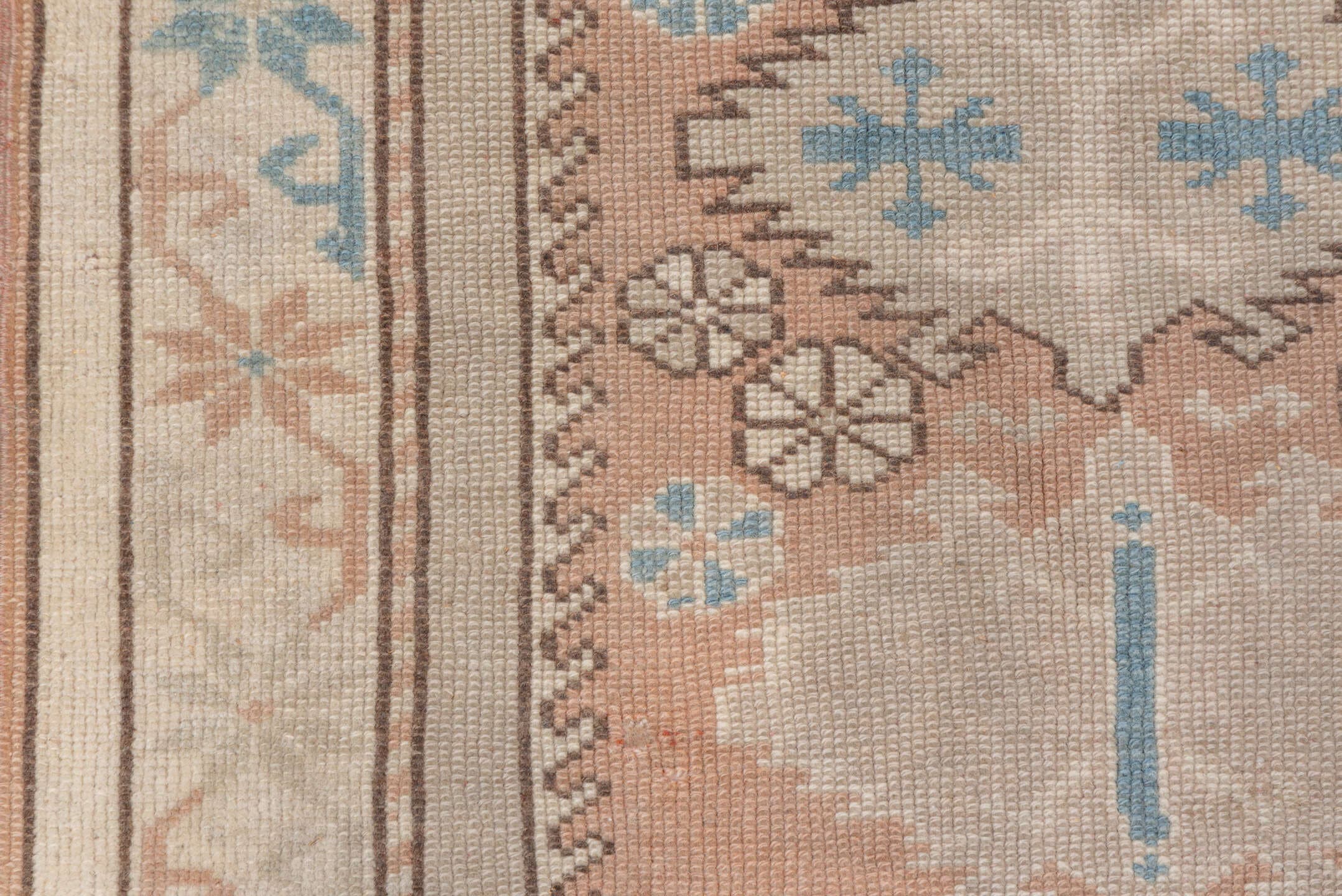 3' x 4' one-of-a-kind handmade vintage Oushak small size rug. Color palette: blush, ivory, pale blue, cream, taupe, camel