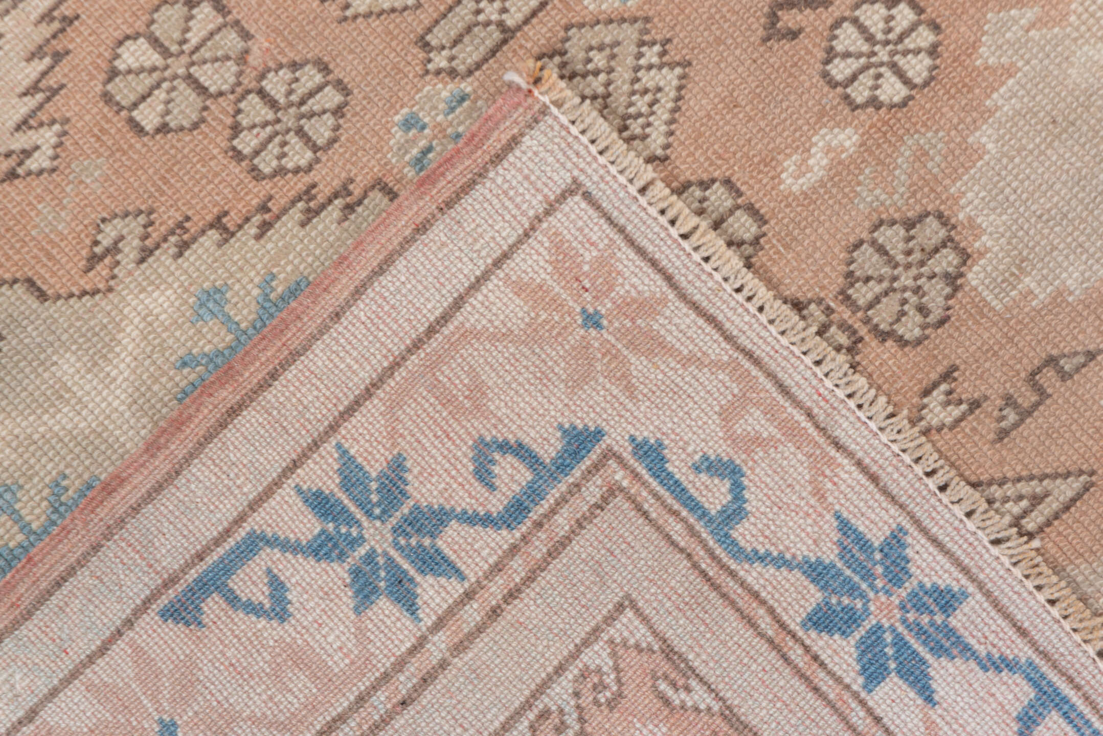 3' x 4' one-of-a-kind handmade vintage Oushak small size rug. Color palette: blush, ivory, pale blue, cream, taupe, camel