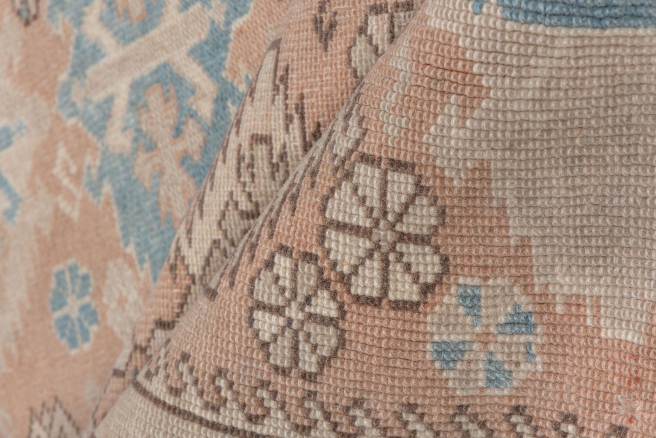 3' x 4' one-of-a-kind handmade vintage Oushak small size rug. Color palette: blush, ivory, pale blue, cream, taupe, camel