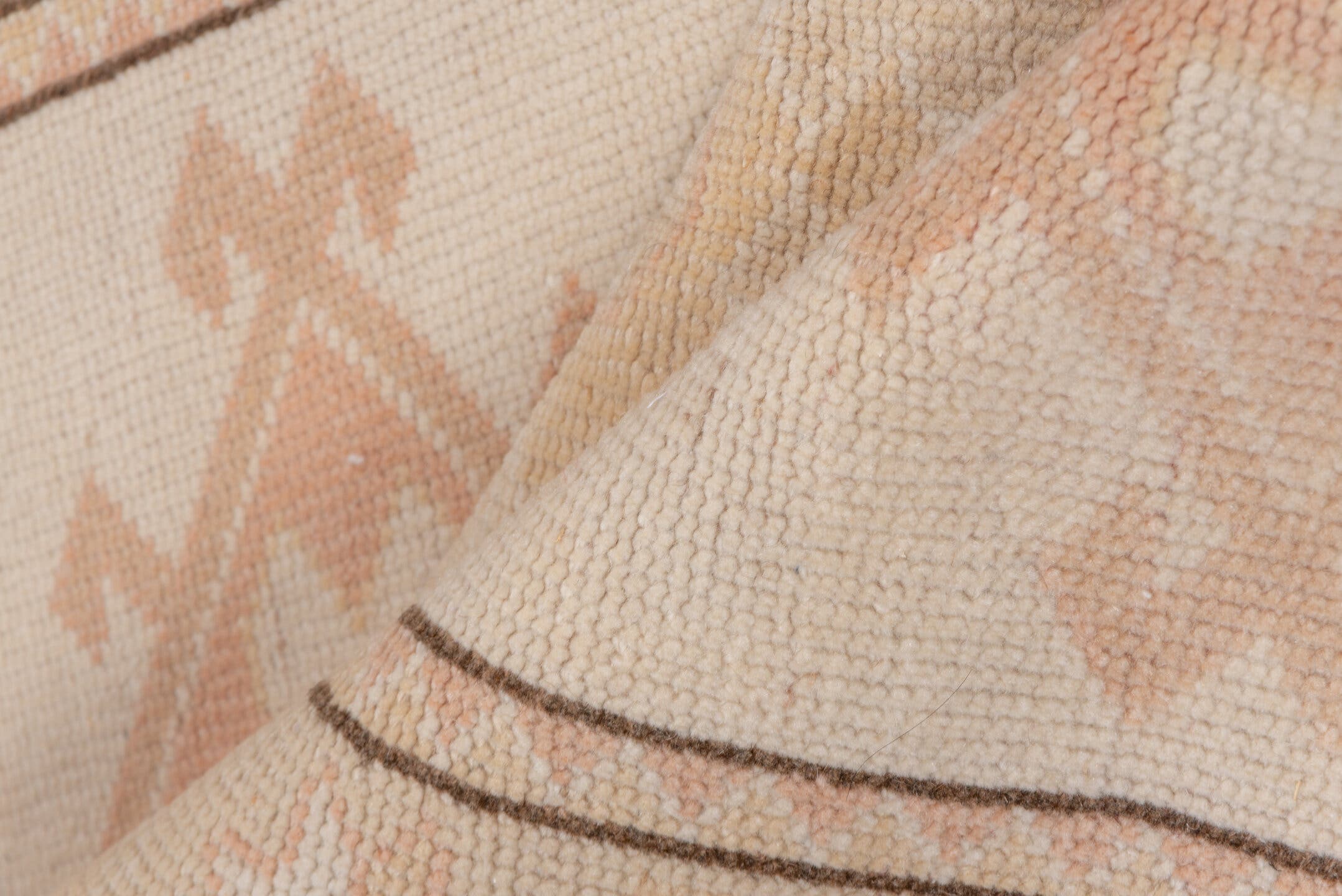 2' x 4' one-of-a-kind handmade vintage Oushak small size rug. Color palette: ivory, blush, peach, taupe, camel, pink
