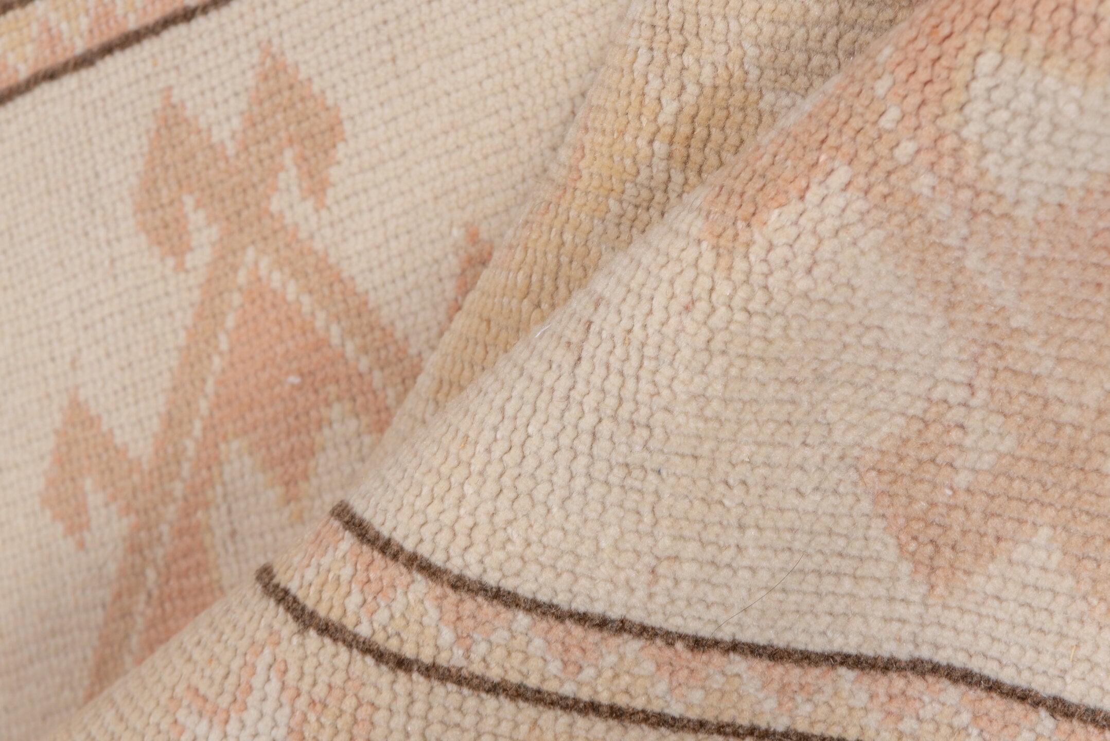 2' x 4' one-of-a-kind handmade vintage Oushak small size rug. Color palette: ivory, blush, peach, taupe, camel, pink