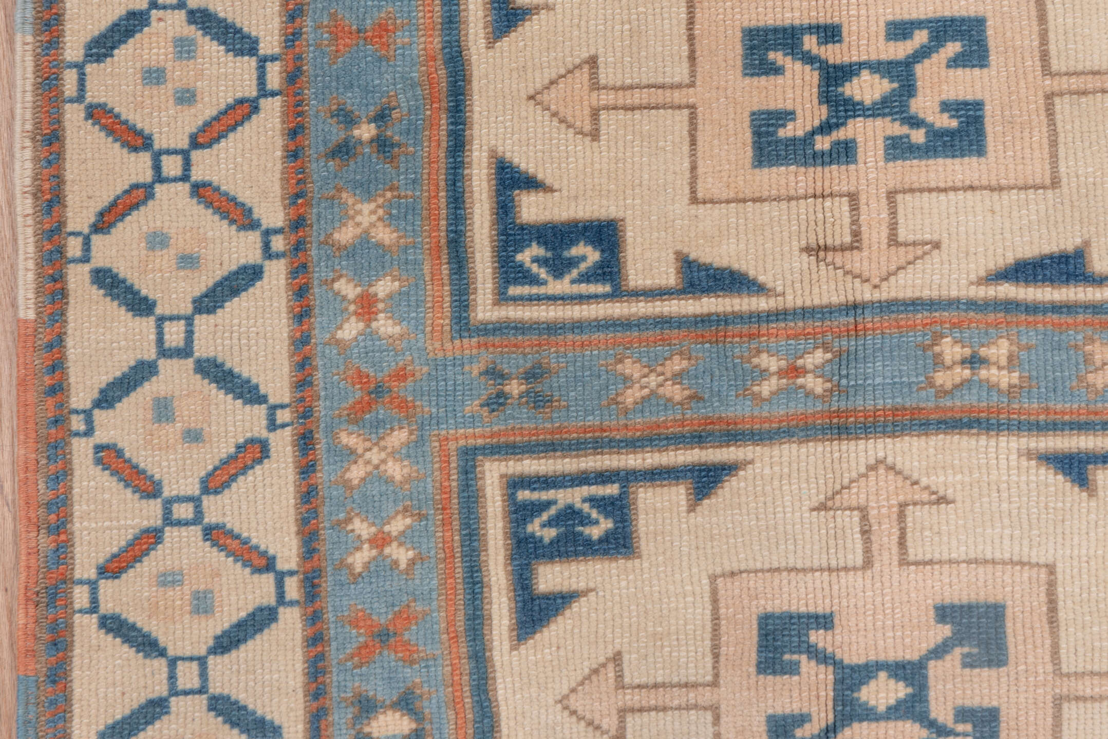 3' x 4' one-of-a-kind handmade vintage Oushak small size rug. Color palette: ivory, sky blue, terracotta, navy, beige